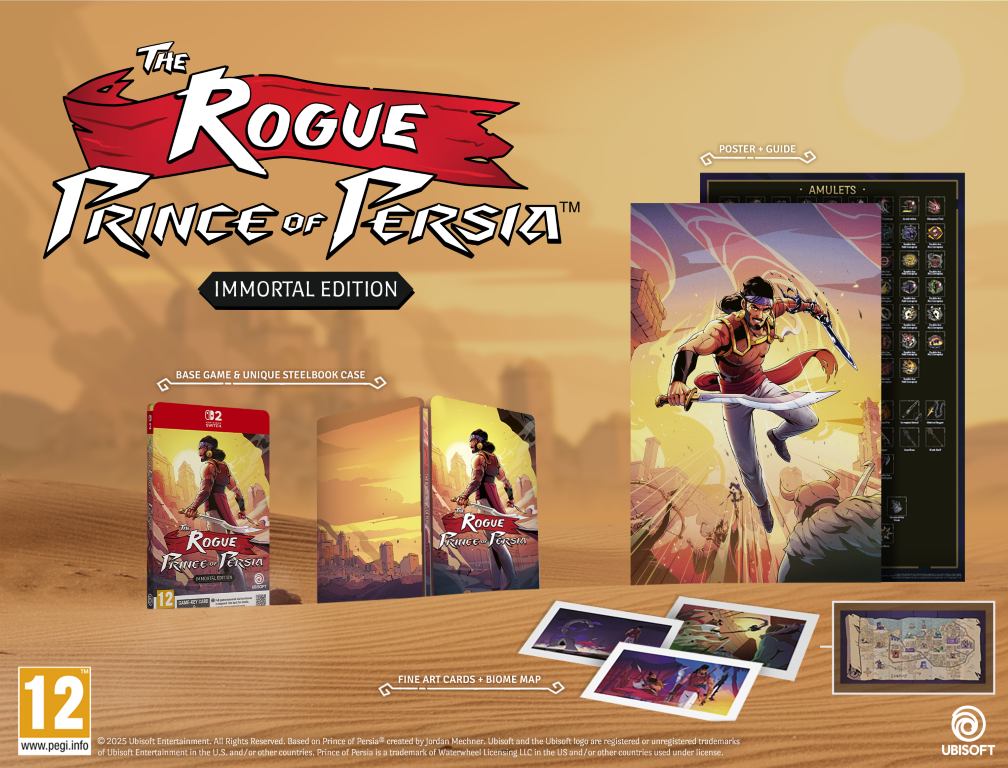 The Rogue Prince of Persia Immortal Edition. Zawiera pudełko z grą, steelbook, plakat, karty artystyczne i mapę. Przedstawia postać z mieczem.