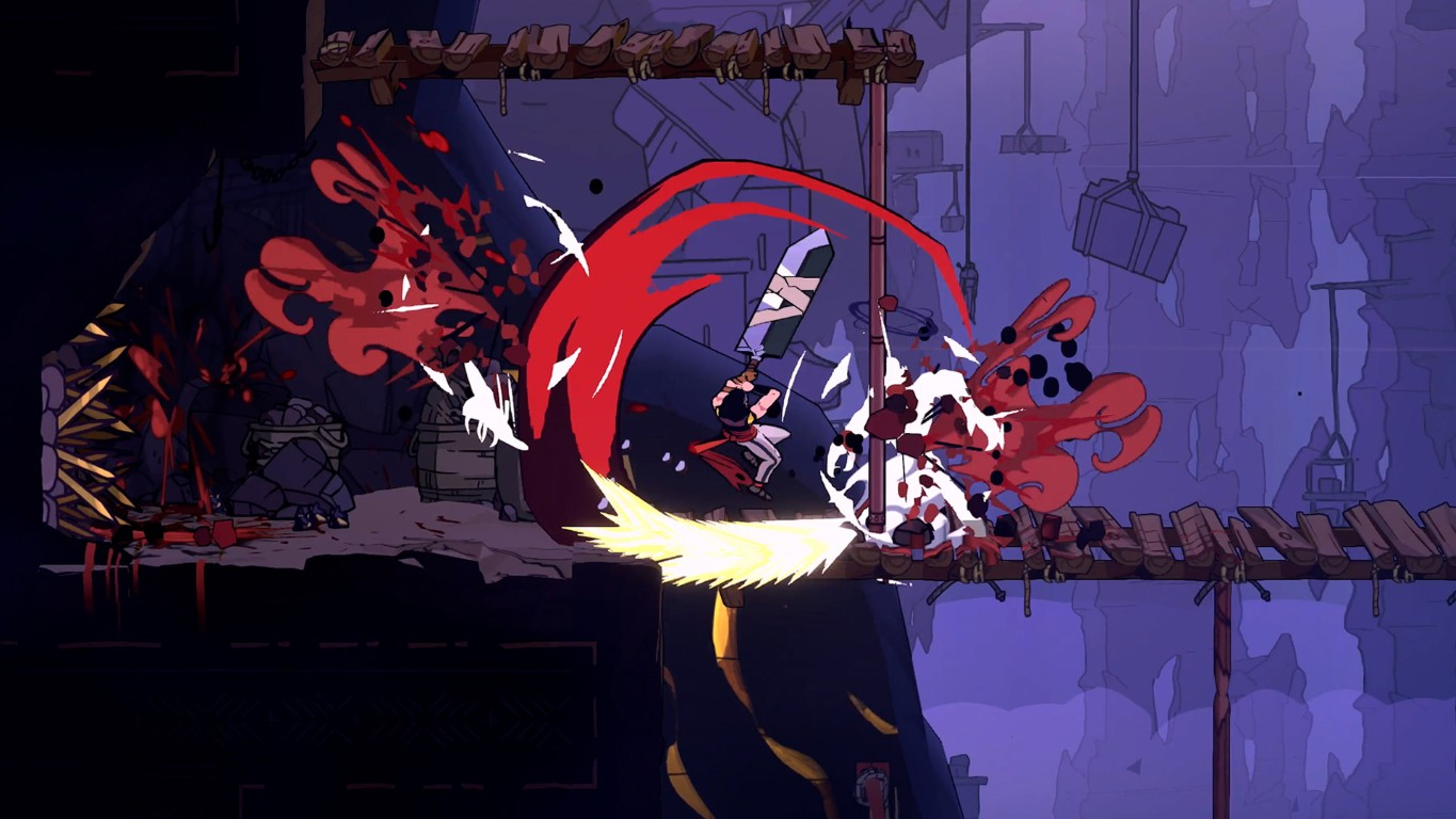 Wojownik wymachuje dużym mieczem, tworząc czerwony łuk i białą energię. Rozprysk krwi. Scena w stylizowanej jaskini z drewnianymi konstrukcjami.