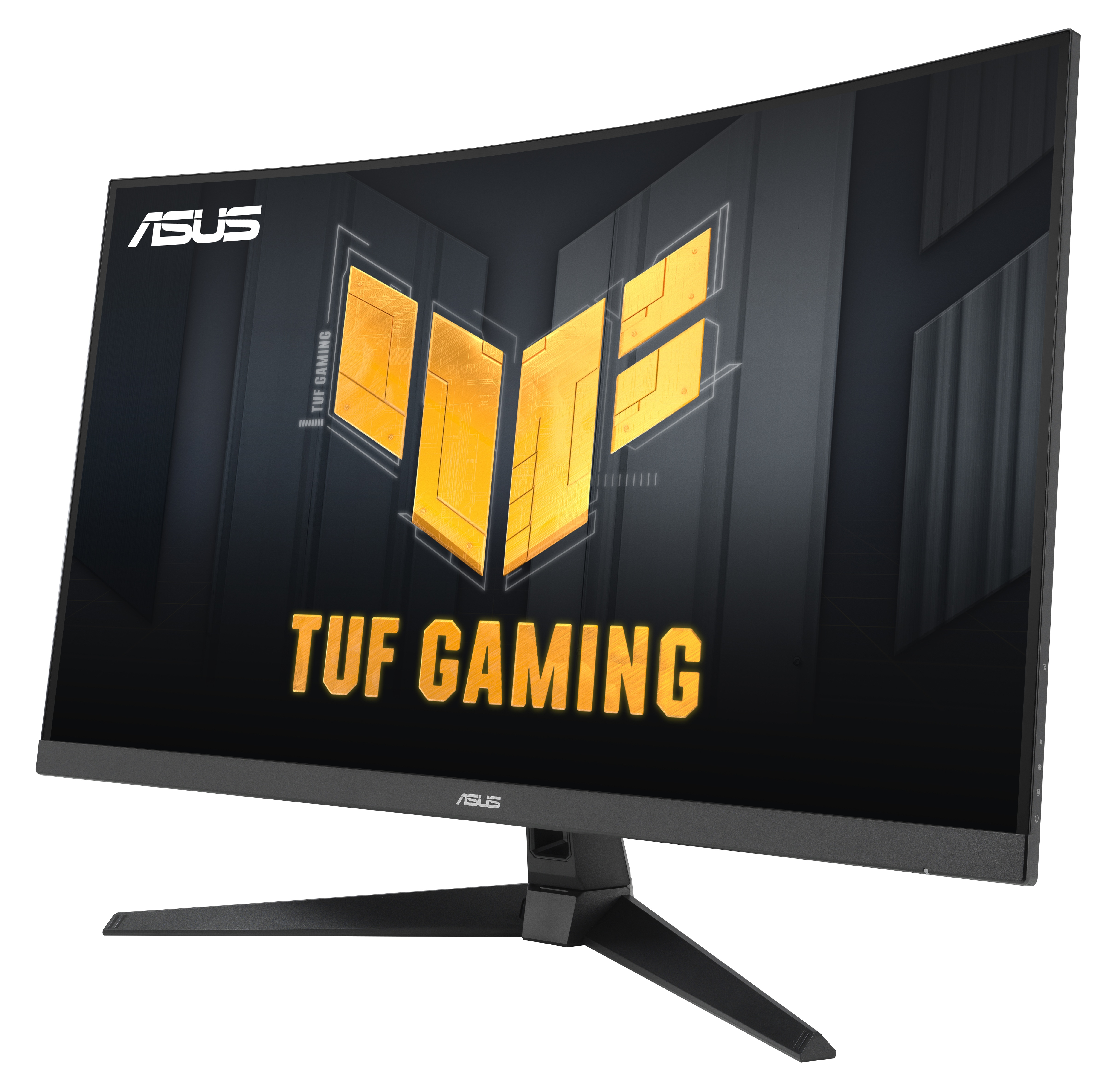 Zakrzywiony monitor ASUS TUF Gaming. Czarna ramka z żółtym logo i tekstem. Czarny stojak, białe tło.