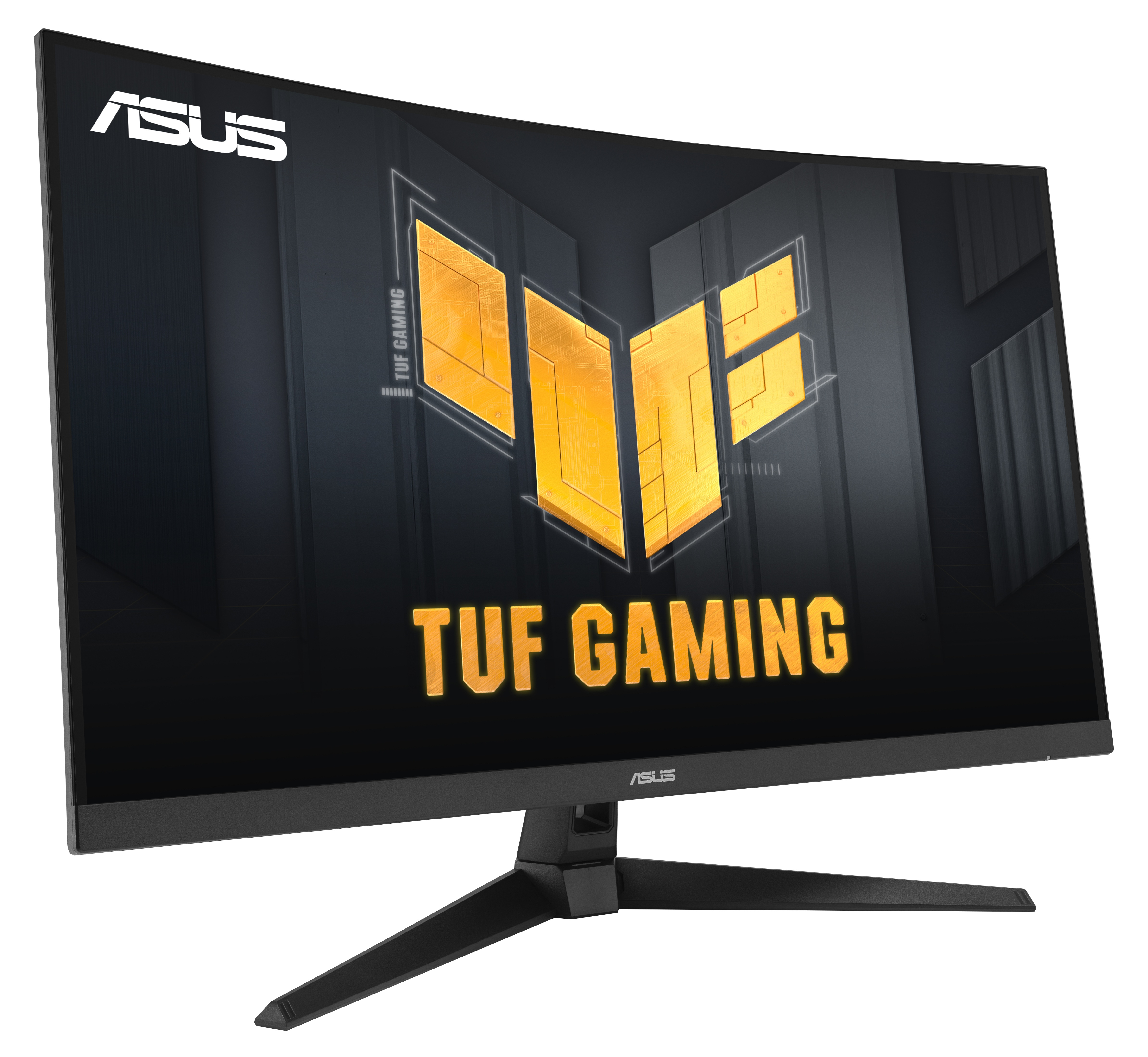 Zakrzywiony monitor ASUS TUF Gaming. Czarna ramka, podstawa. Ekran wyświetla logo i tekst, złoty na czarnym.