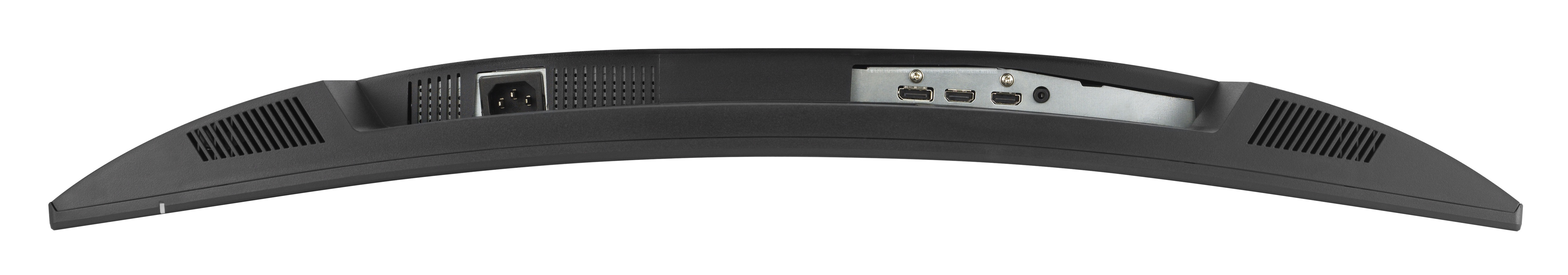 Tył zakrzywionego monitora. Posiada port zasilania, otwory wentylacyjne i porty HDMI.