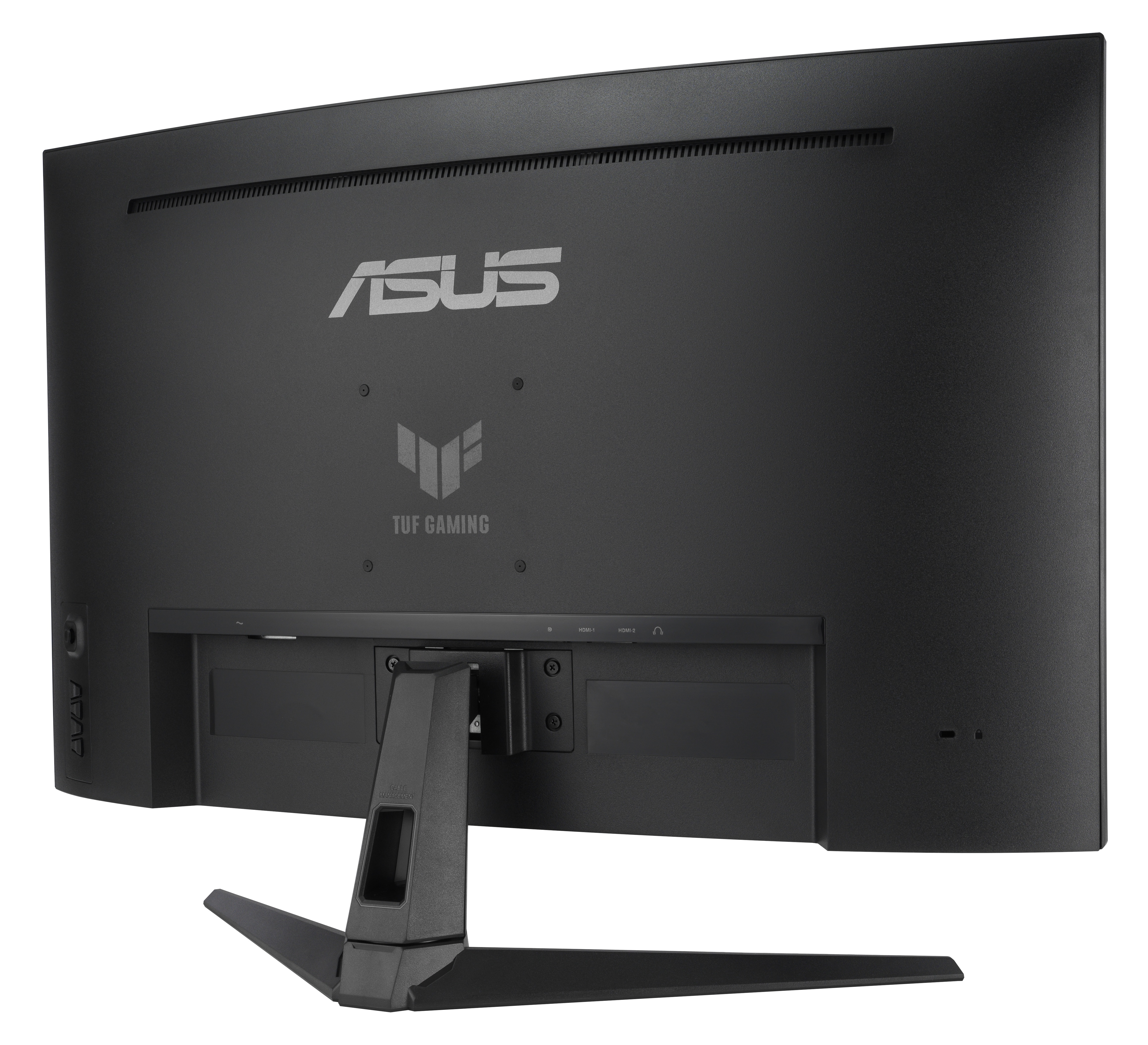 Tył czarnego monitora z logo ASUS, logo TUF Gaming, podstawką i portami. Widok pod kątem, białe tło.