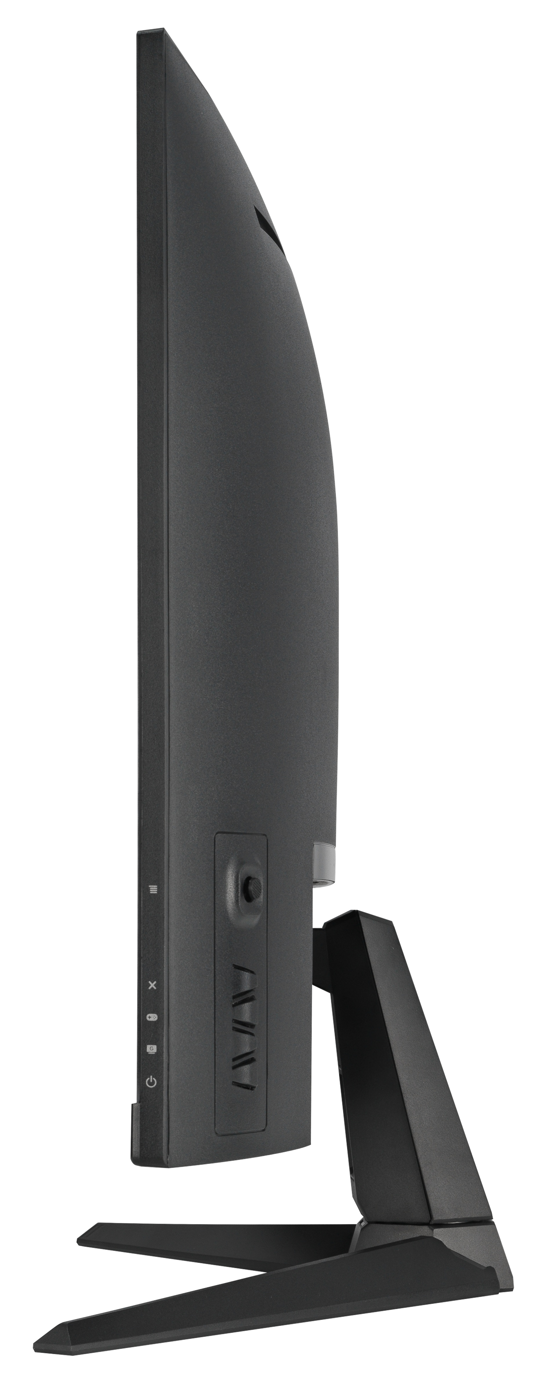 Widok z boku czarnego monitora komputera. Ekran jest zakrzywiony. Podstawa jest czarna i kątowa. Białe tło.