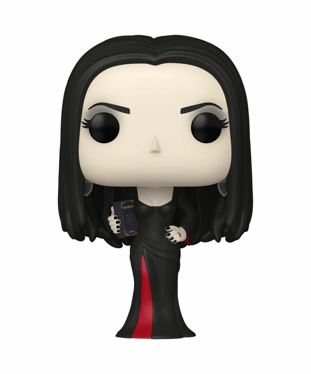 Figurka Funko Pop Morticii Addams. Nosi czarną sukienkę z czerwonym paskiem i trzyma książkę. Figurka ma czarne włosy i jasną skórę.