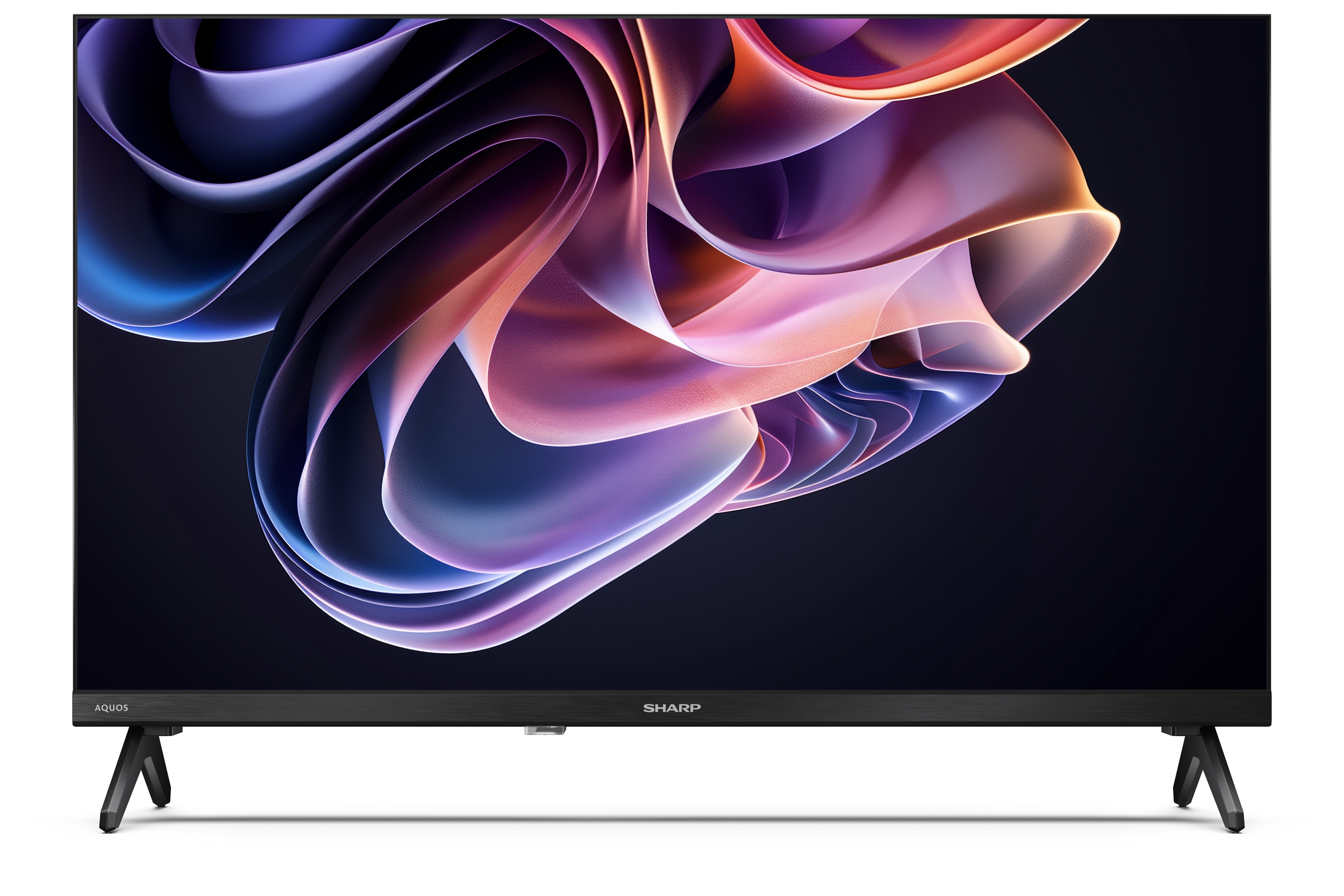 Egy Sharp Aquos TV lila, narancs és kék absztrakt, folyó dizájnt jelenít meg. Fehér háttéren látható.