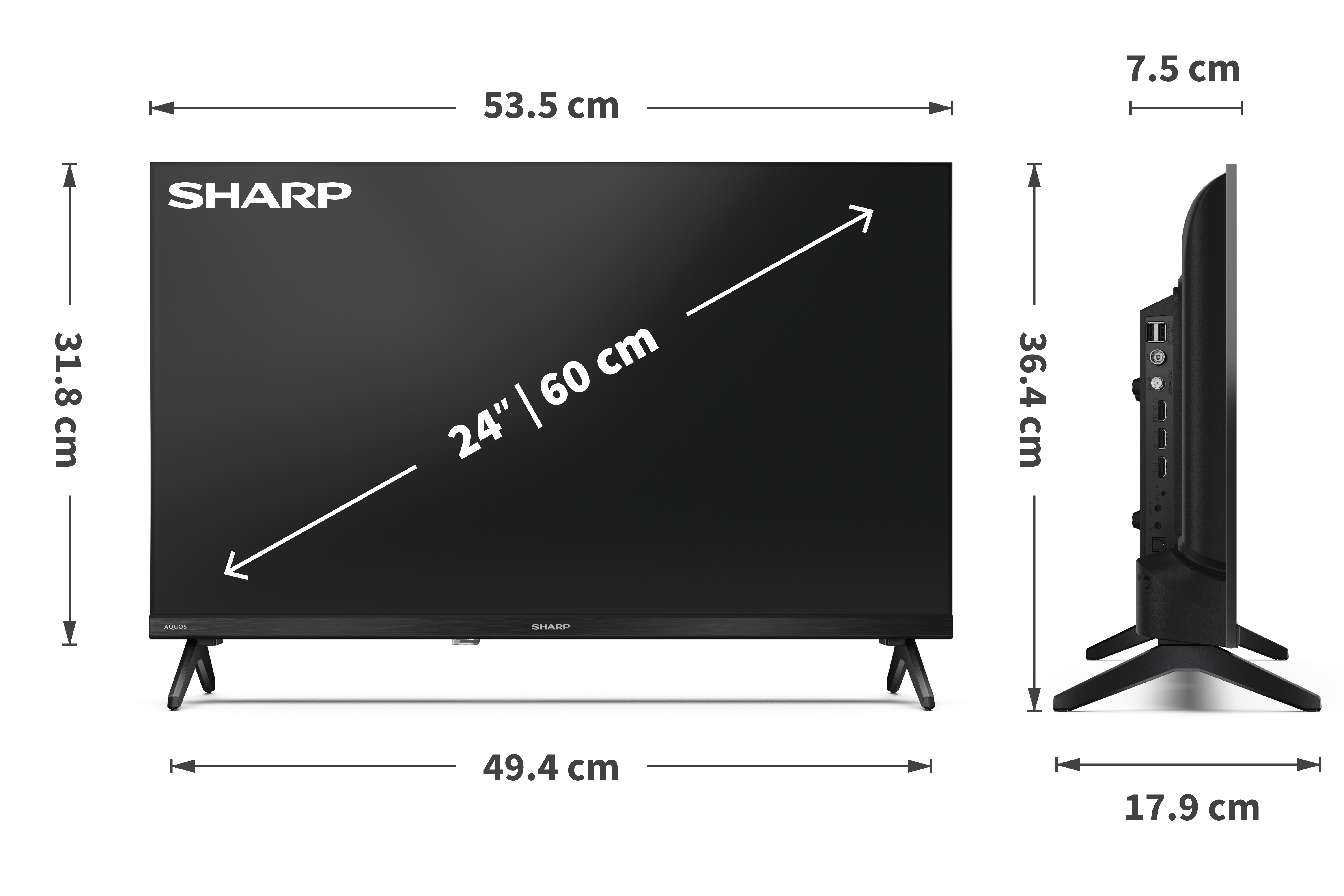 Egy Sharp 24 hüvelykes TV, fekete képernyő, méretek láthatók. Az oldalsó nézet portokat és állványt mutat.