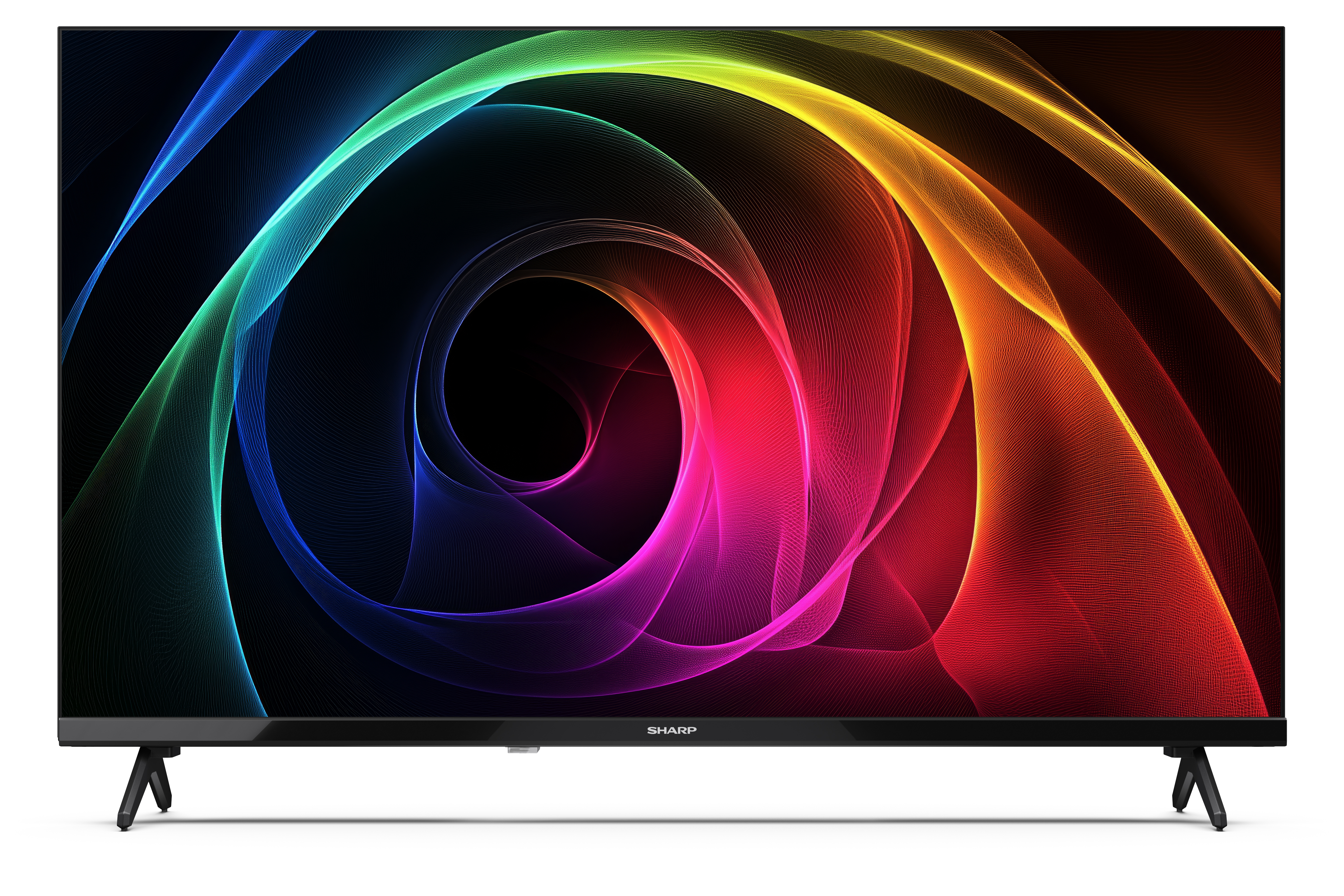 A Sharp TV színes, örvénylő vonalmintát jelenít meg. Fekete lábai és fekete kerete van.