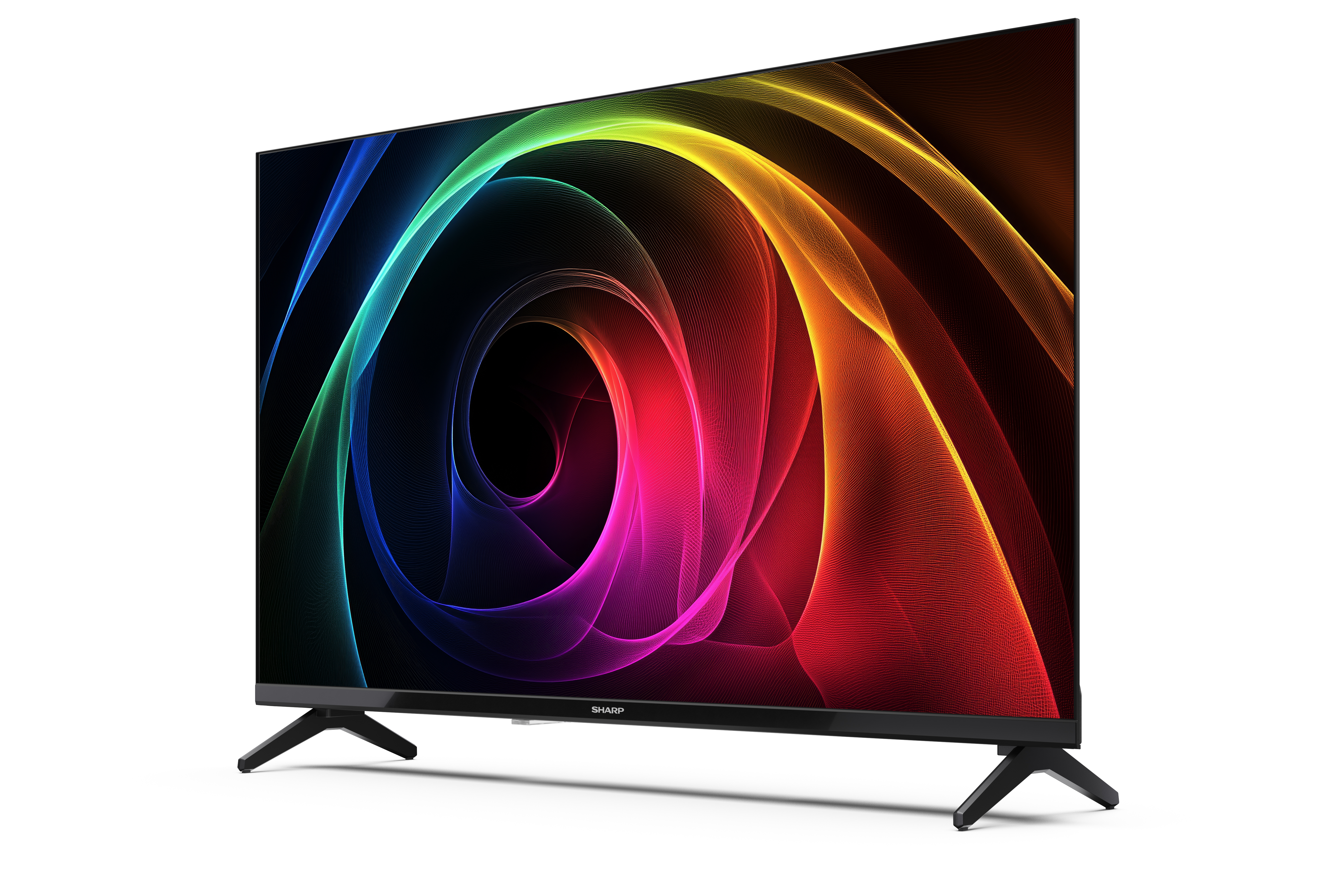 A Sharp TV egy színes, absztrakt mintát jelenít meg. A TV fekete, fekete lábakkal. A háttér fehér.