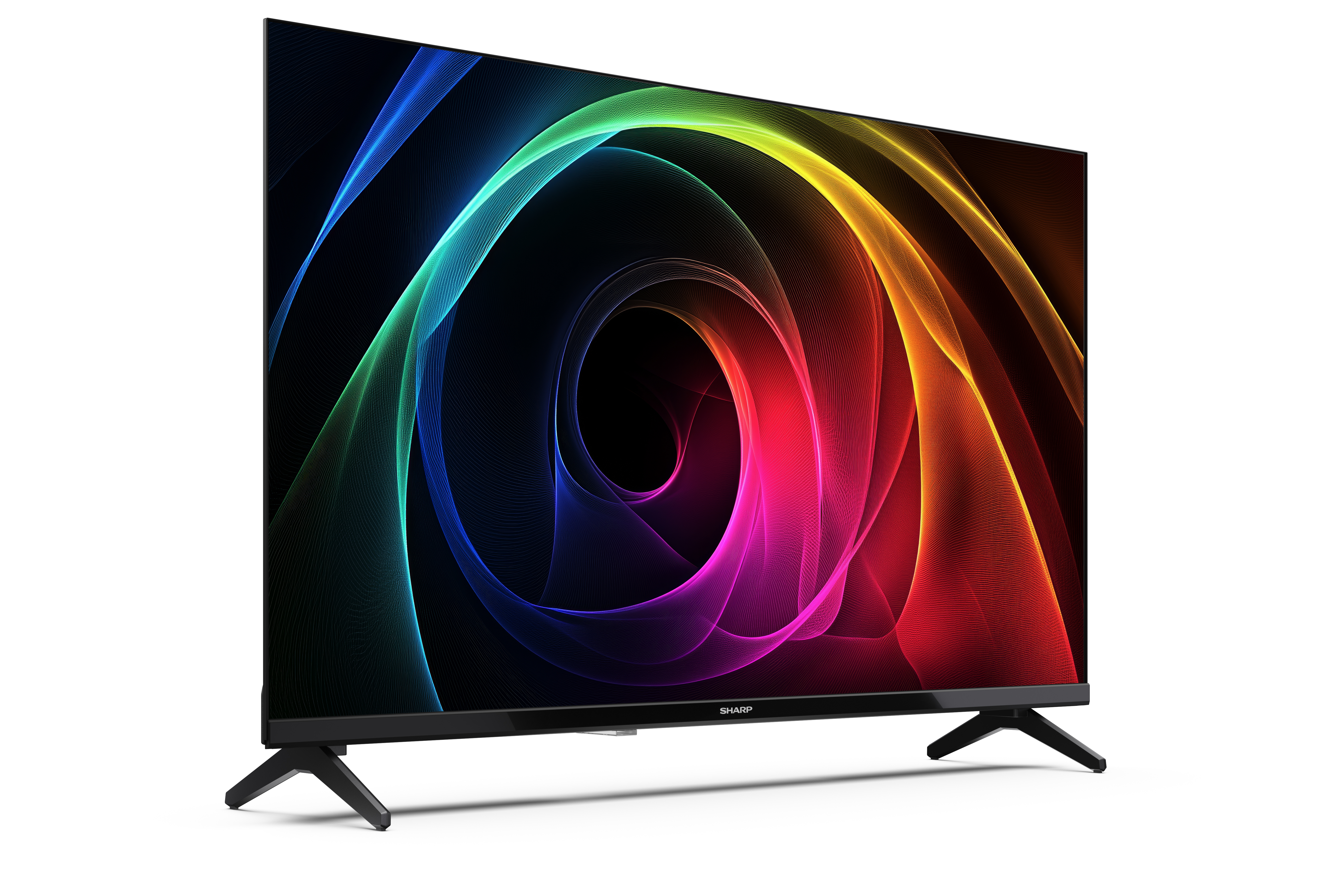 Egy Sharp TV színes, absztrakt vonalakat jelenít meg fekete háttéren. A TV fehér felületen van.