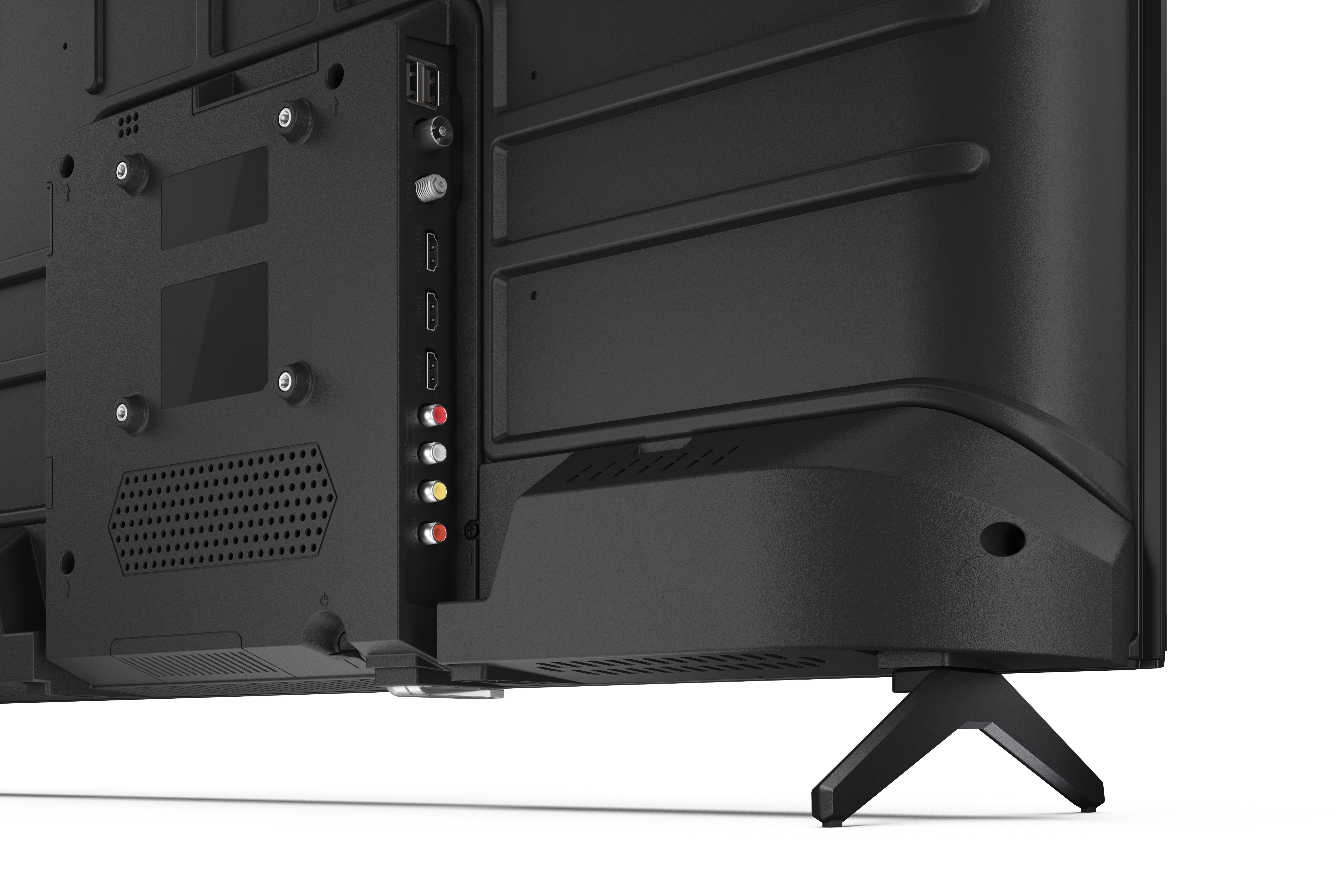 Fekete TV hátulja portokkal és állvánnyal fehér háttér előtt. Portok: HDMI, USB, audio.