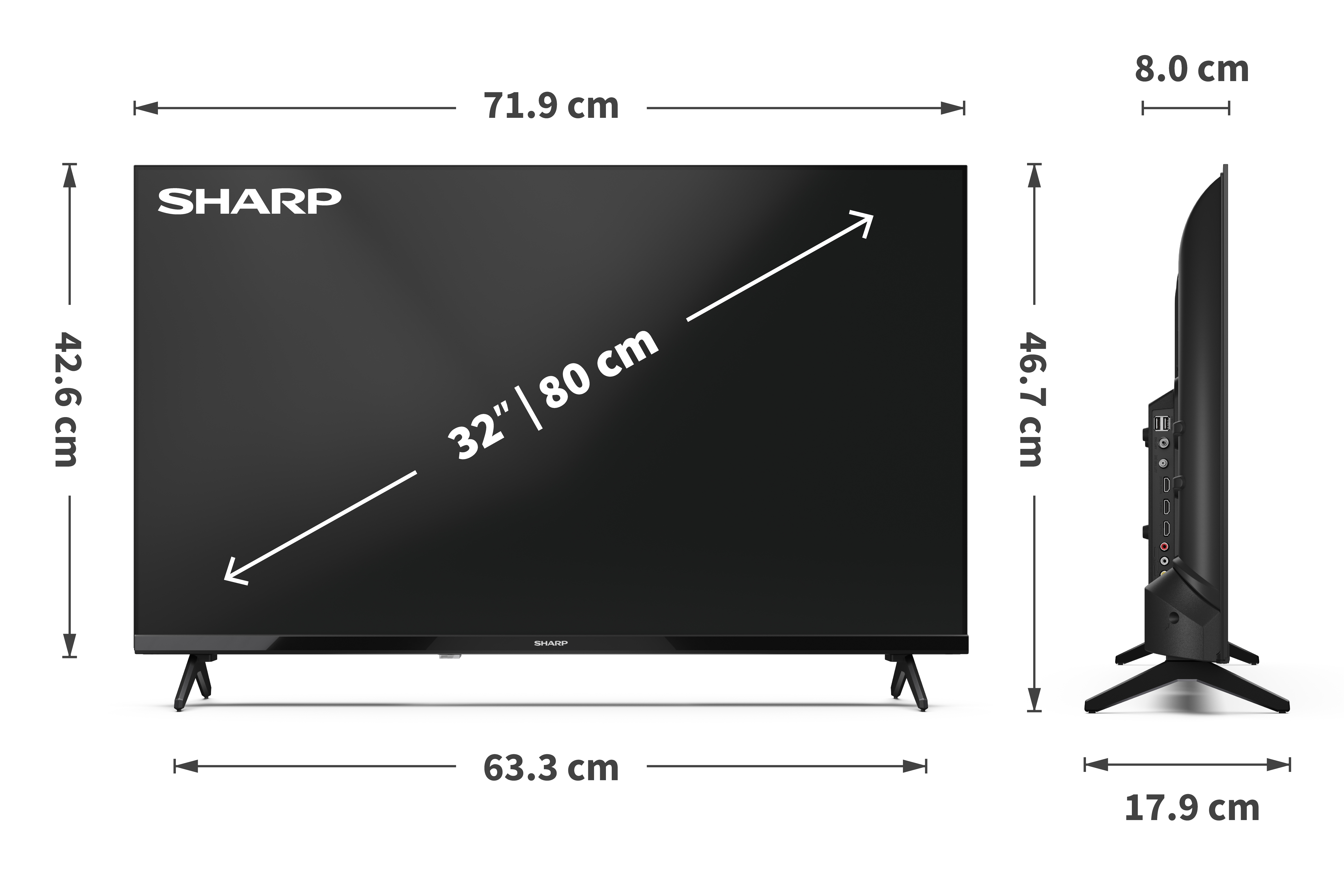 Egy Sharp 32 hüvelykes TV, a méretekkel. A TV fekete, állvánnyal és a Sharp logóval fehér színben.