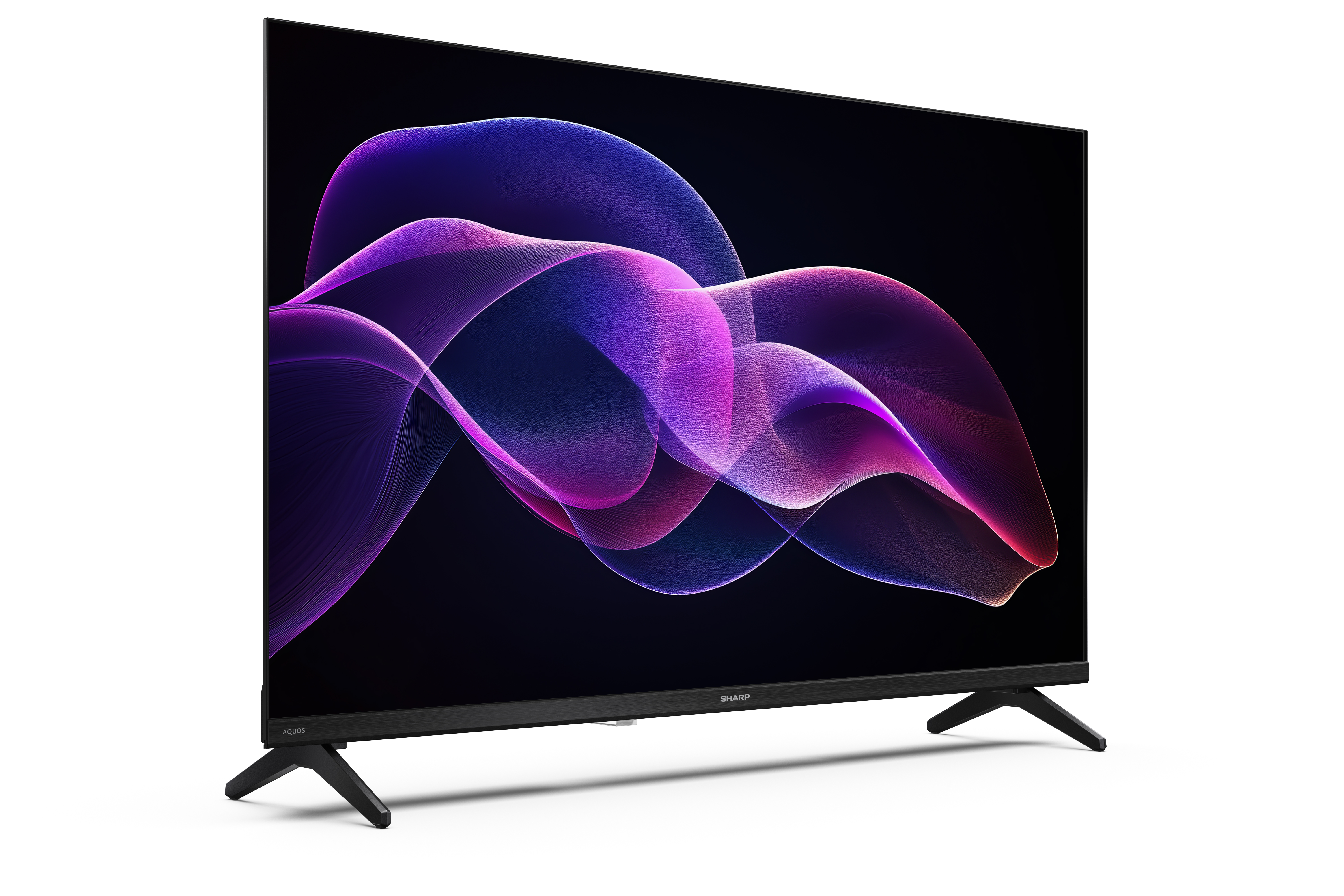 A Sharp Aquos TV lila és rózsaszín absztrakt dizájnt jelenít meg fekete képernyőn, fekete lábakkal.