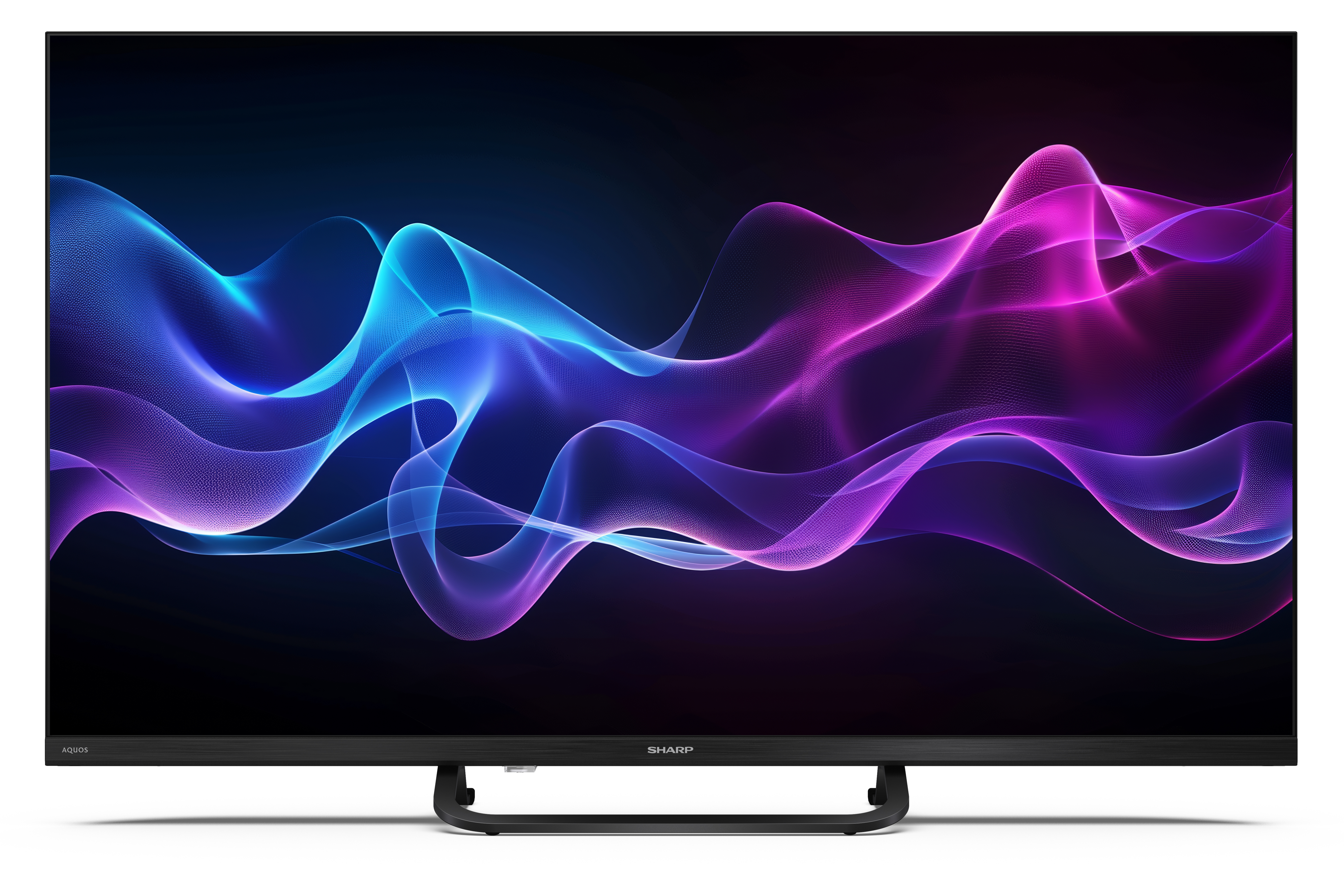 A Sharp Aquos TV digitális absztrakt dizájnt jelenít meg. Kék és lila vonalak folynak fekete háttéren.
