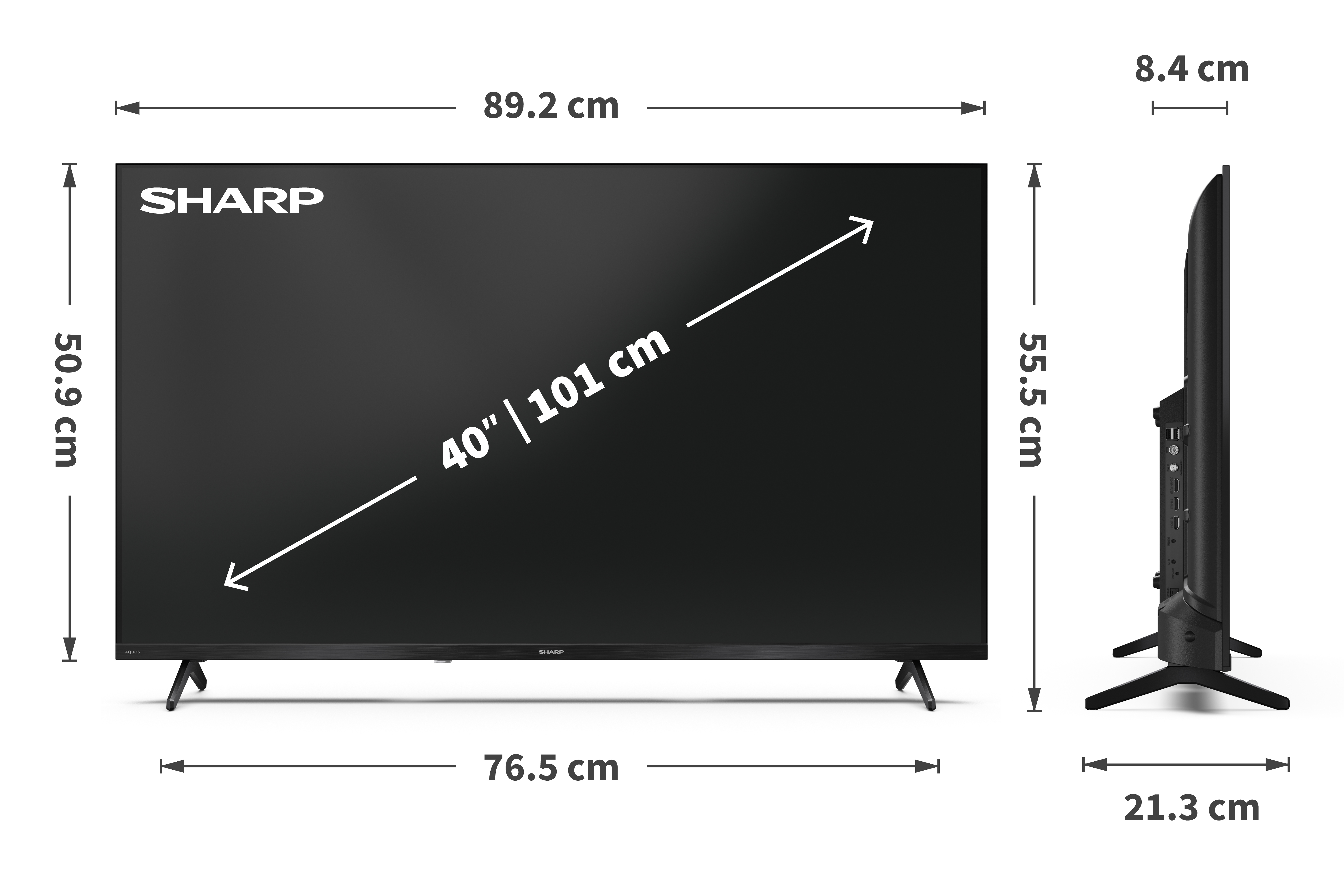 Egy Sharp 40 hüvelykes TV, méretekkel. Elölnézet és oldalsó nézet látható. A TV fekete.