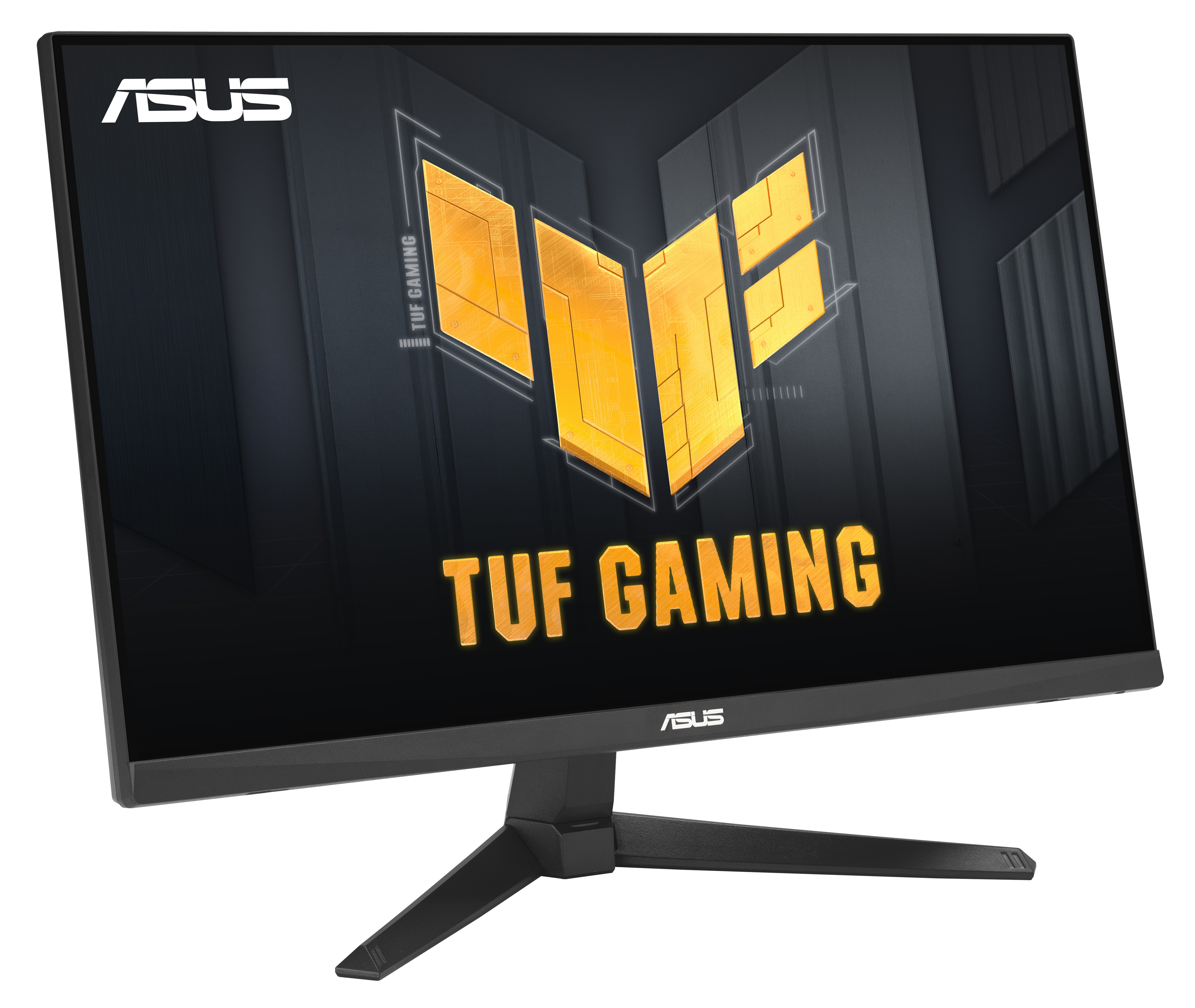 Monitor ASUS TUF gaming. Czarna ramka z logo i tekstem. Żółte logo i tekst na czarnym tle.