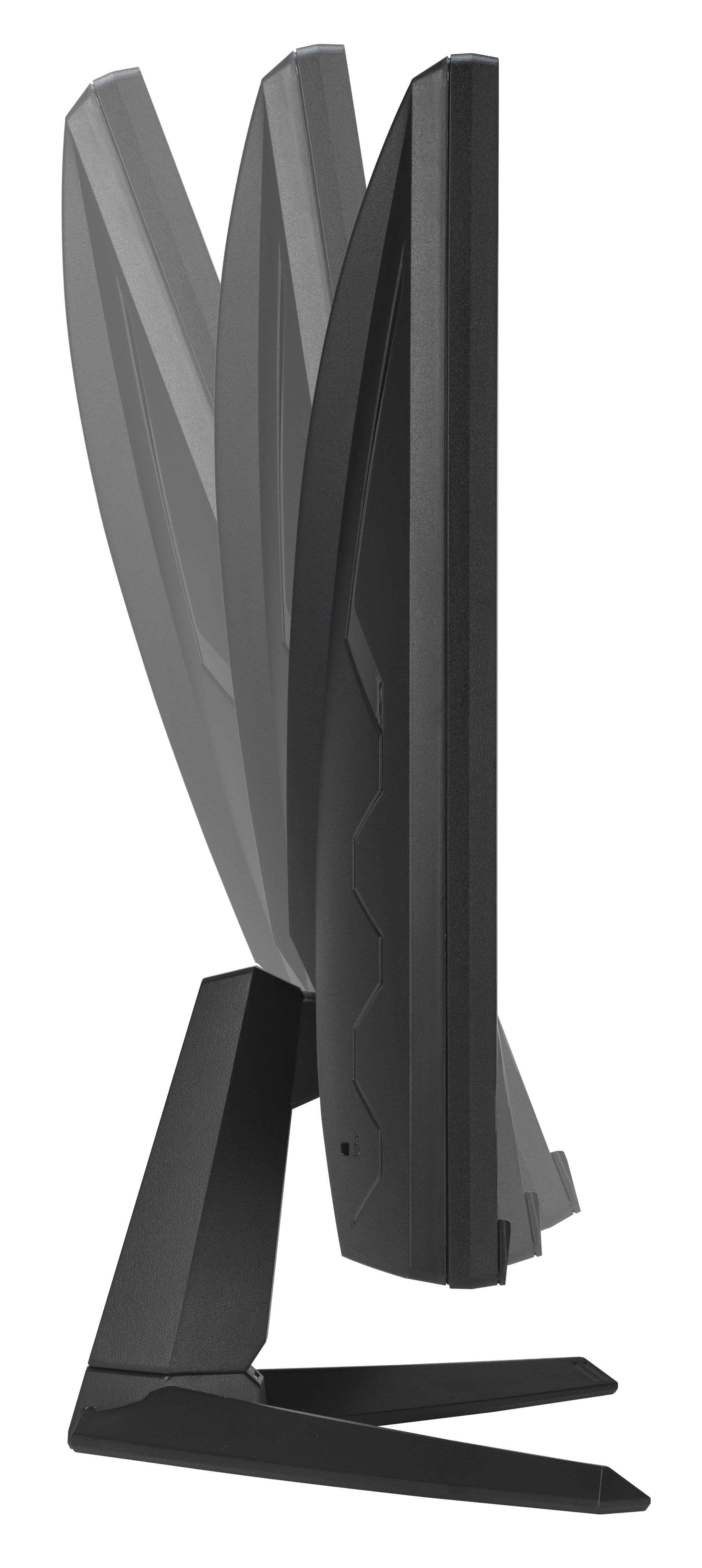 Widok z boku czarnego monitora komputerowego z regulowanym pochyleniem. Monitor ma solidną podstawę i elegancki design.