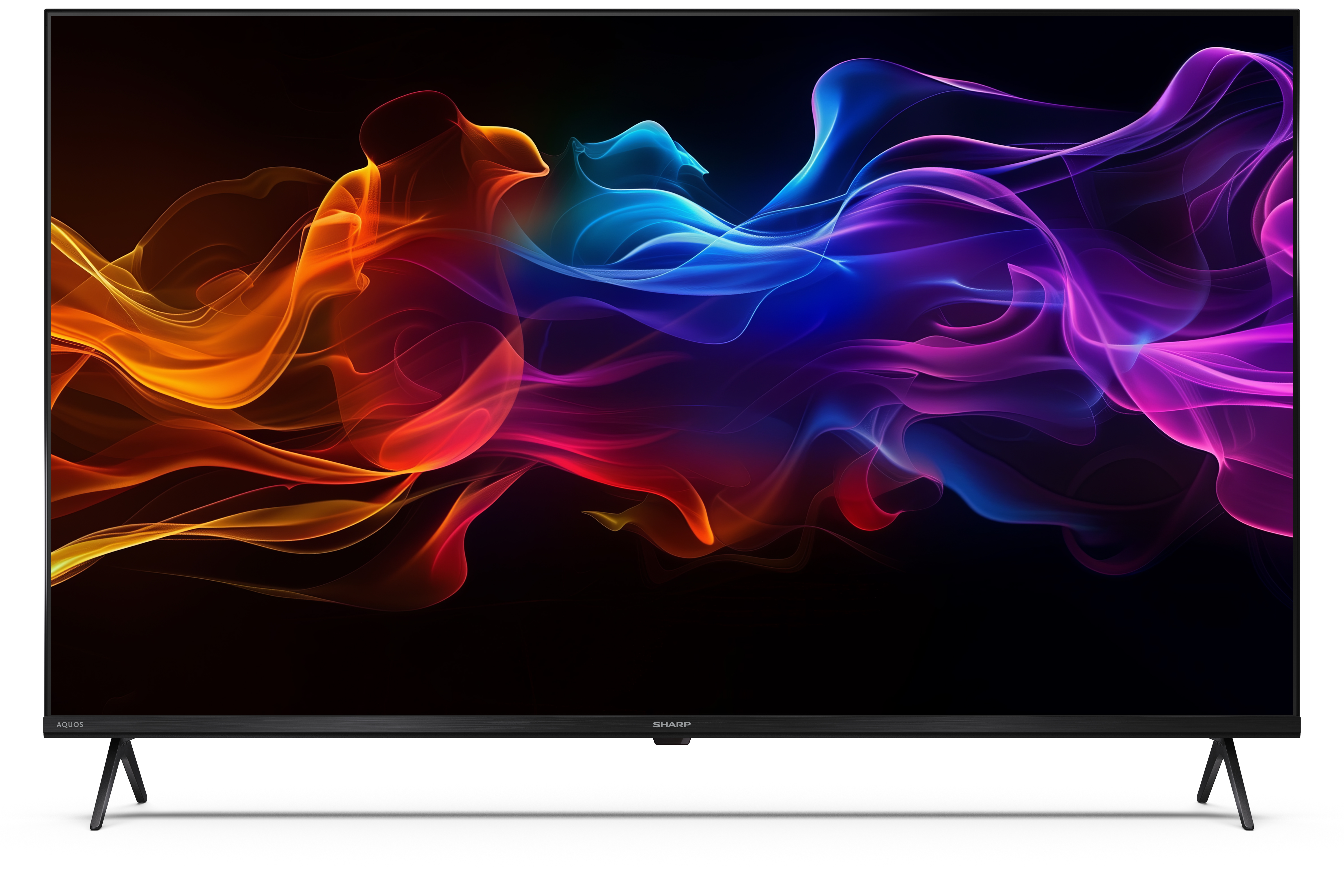 Egy Sharp Aquos TV színes, absztrakt, áramló formákat jelenít meg fekete háttéren. A TV fehér felületen van.