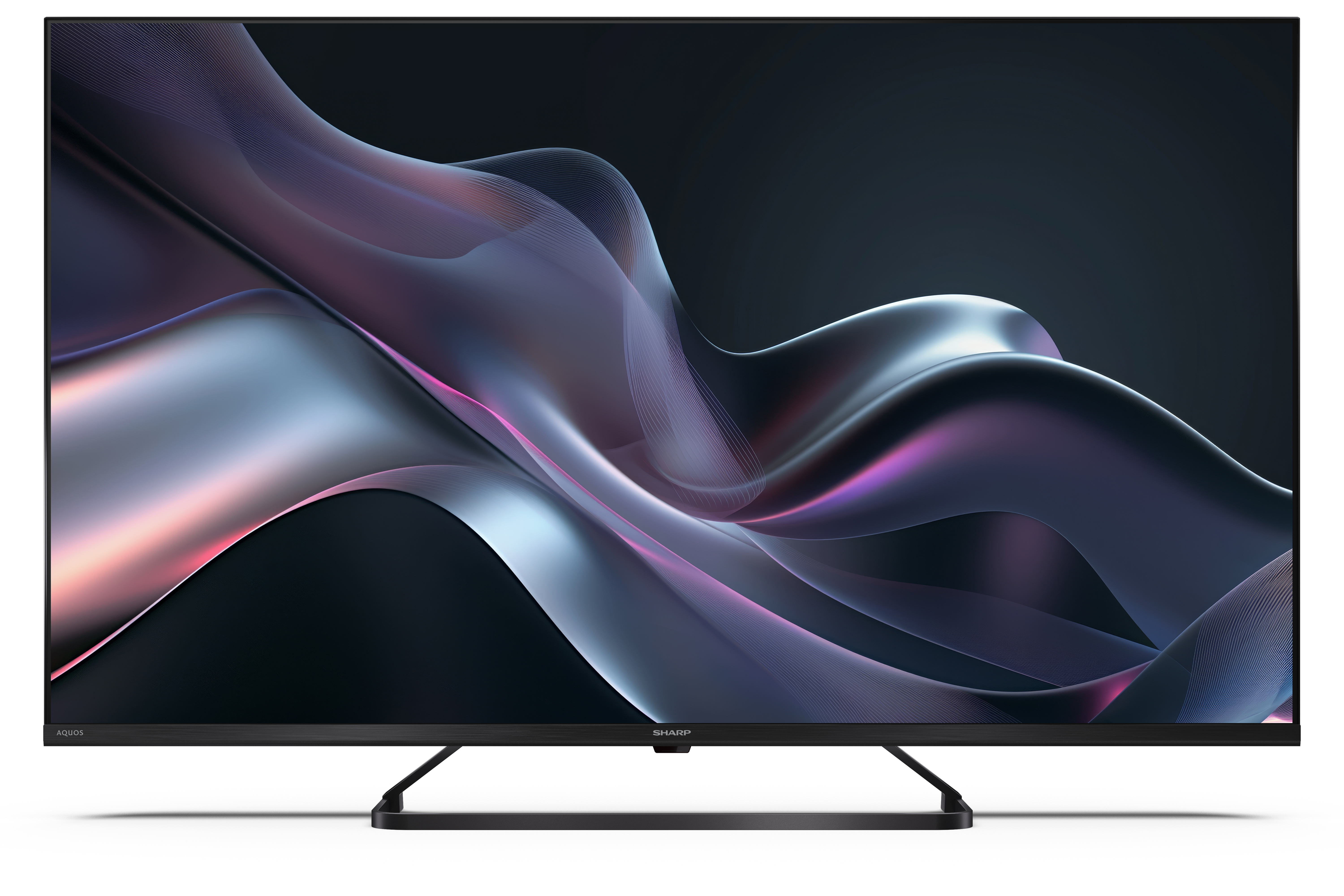 Egy fekete Sharp TV lila, ezüst és rózsaszín hullámok örvénylő absztrakt mintáját jeleníti meg sötét háttér előtt.