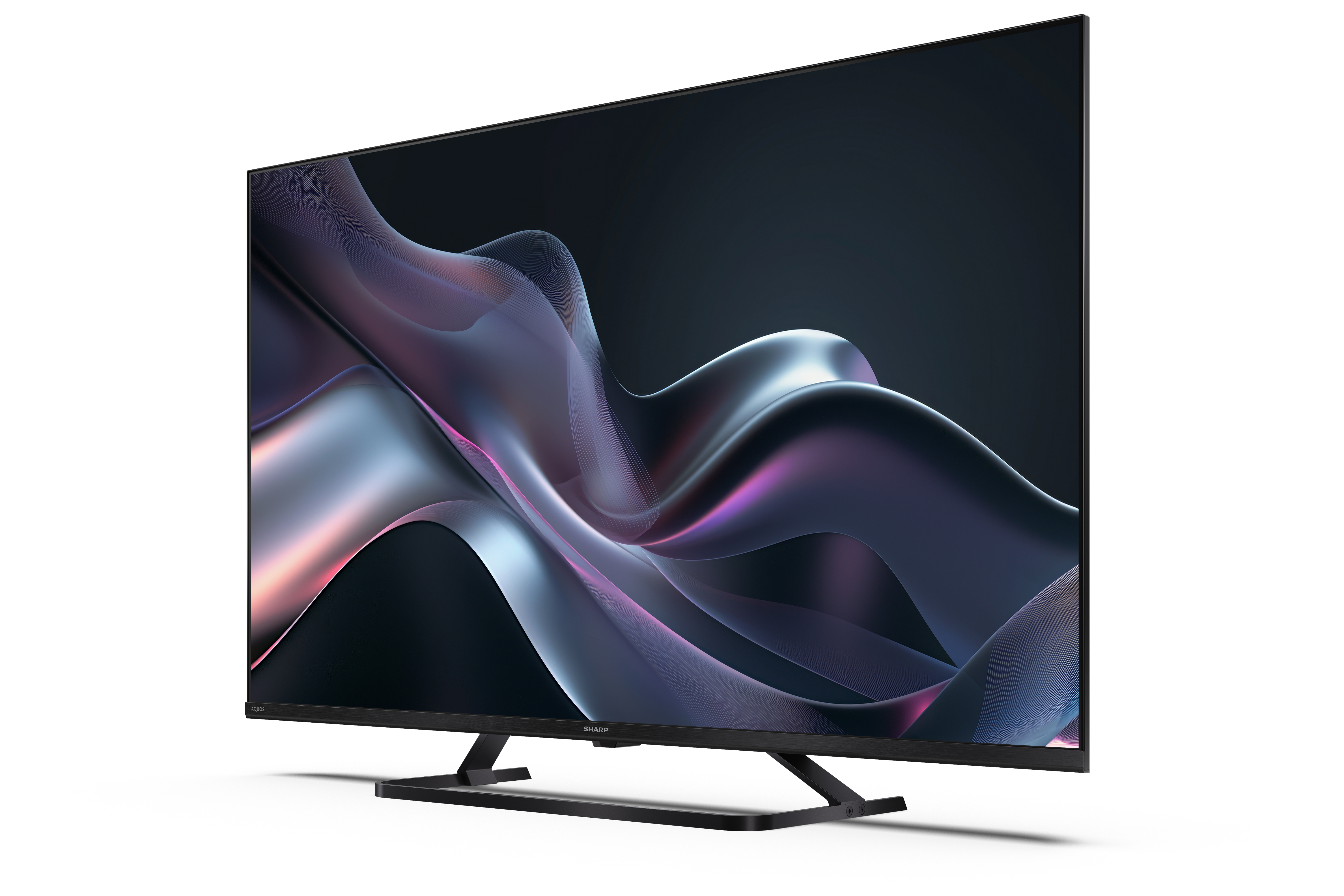 Egy fekete TV hullámos absztrakt dizájnnal a képernyőn, fehér háttérrel.
