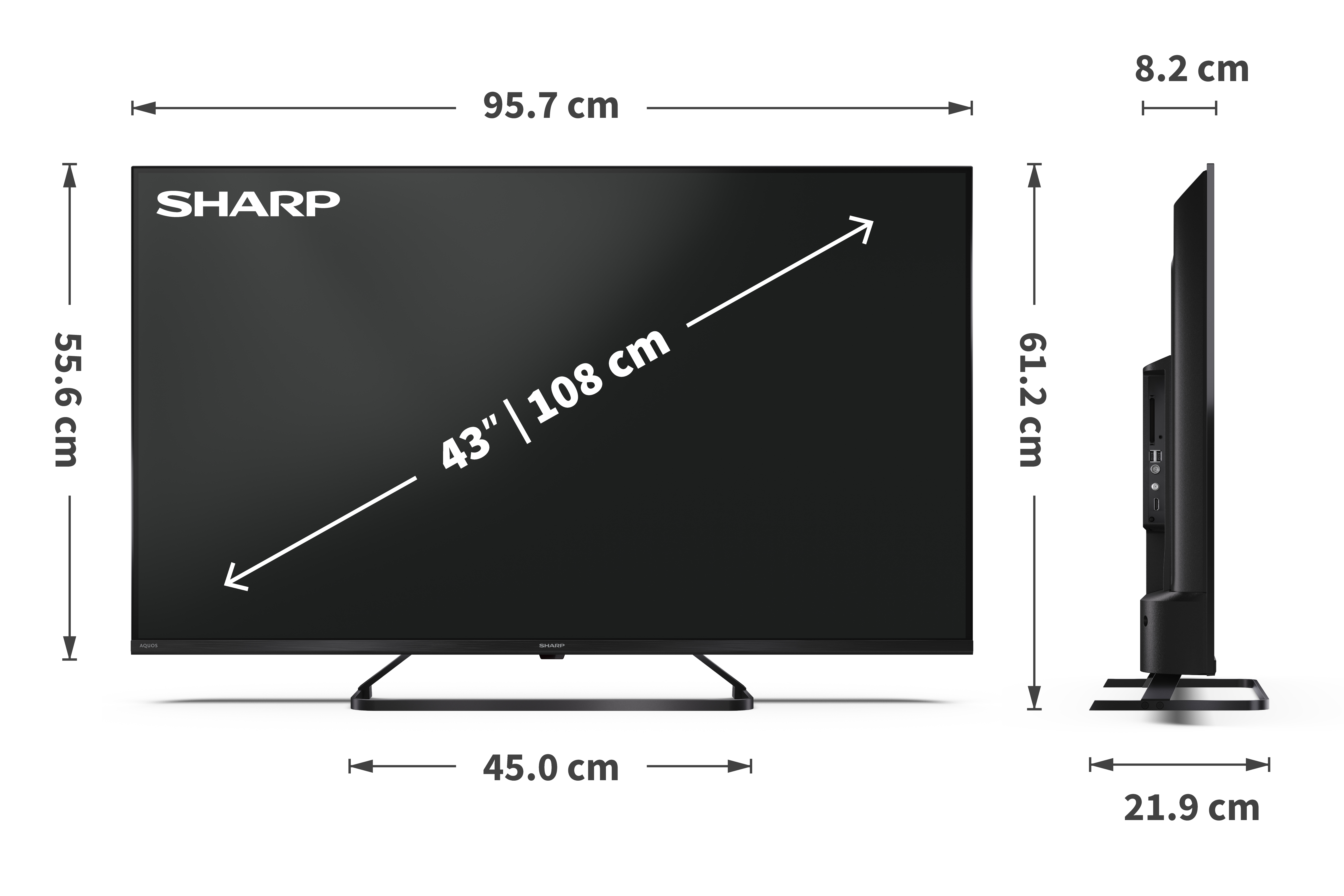 Egy 43 hüvelykes Sharp TV, a méretekkel. A TV fekete, ezüst állvánnyal, a méretek láthatók a képen.