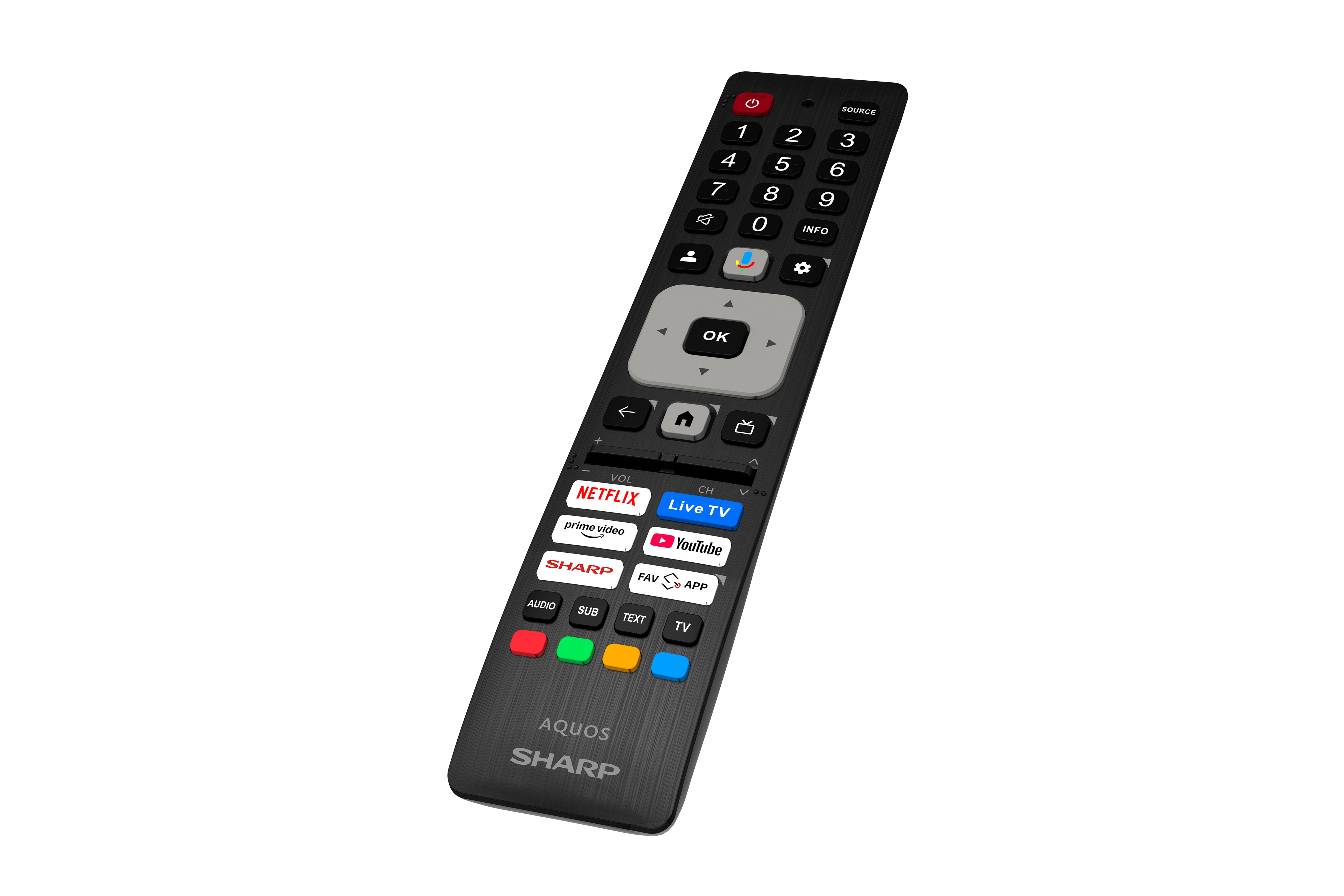 Egy fekete Sharp TV távirányító, különféle gombokkal, beleértve a számokat, a streaming alkalmazásokat és a hangerőszabályzókat.