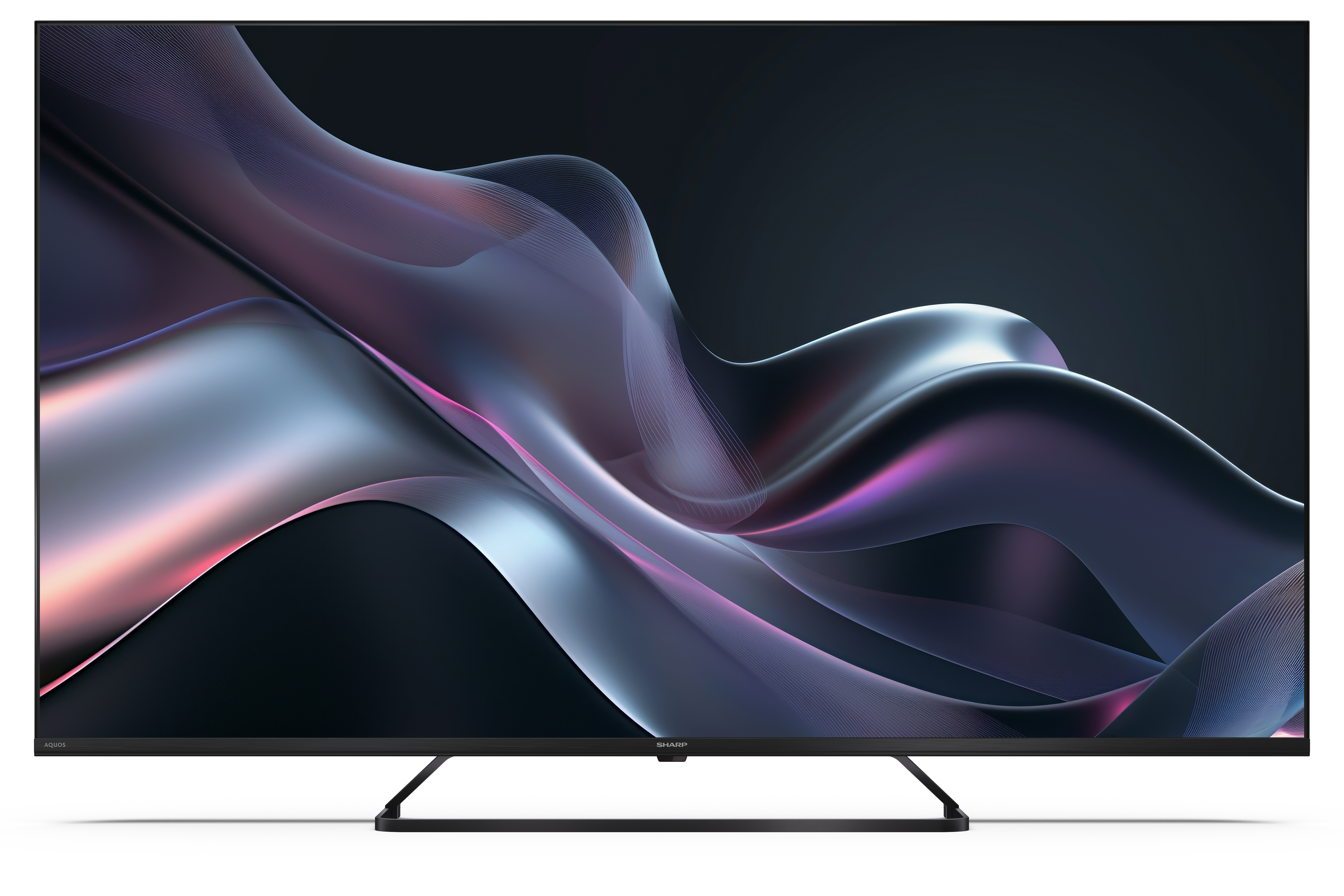 Egy Sharp TV absztrakt dizájnt jelenít meg, lila és ezüst árnyalatú, folyó, irizáló formákkal, fekete háttéren.