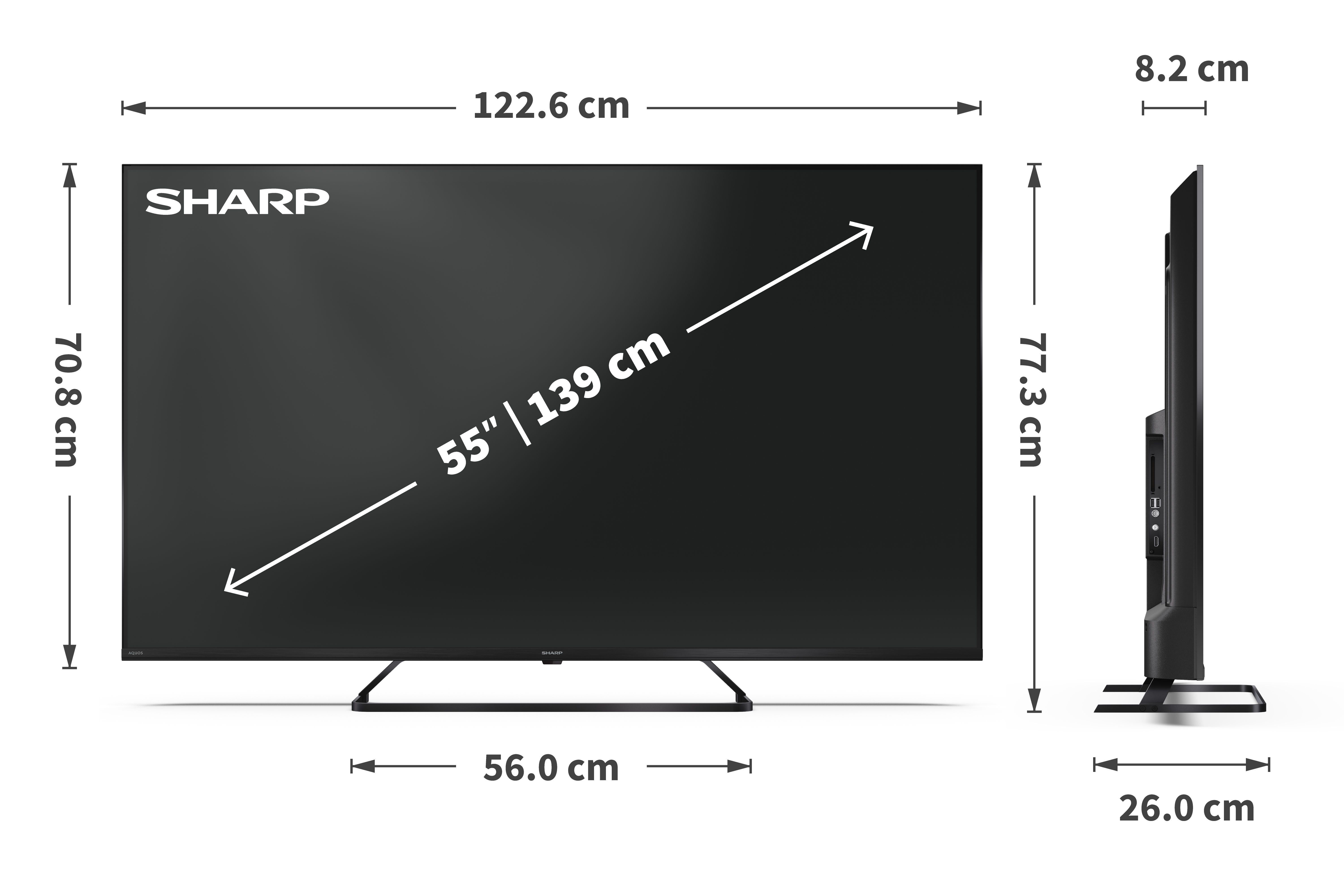Egy Sharp 55 hüvelykes TV, a méretekkel. Fekete, oldalsó nézet a portokat mutatja. Méretek: 122,6x70,8x77,3 cm.