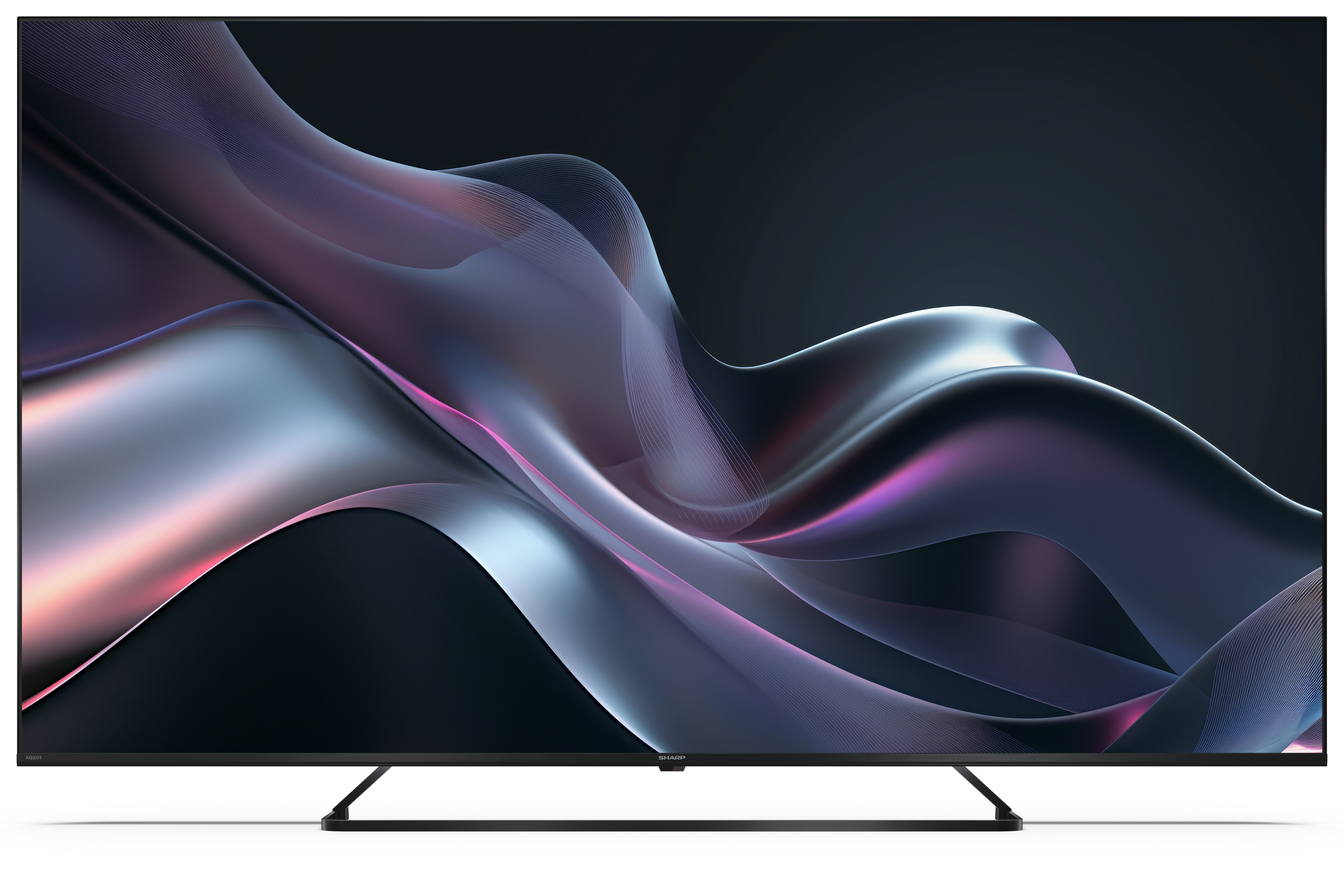 Egy nagyméretű, modern TV lila, rózsaszín és ezüst árnyalataiban jelenít meg egy áramló, absztrakt dizájnt sötét háttér előtt.