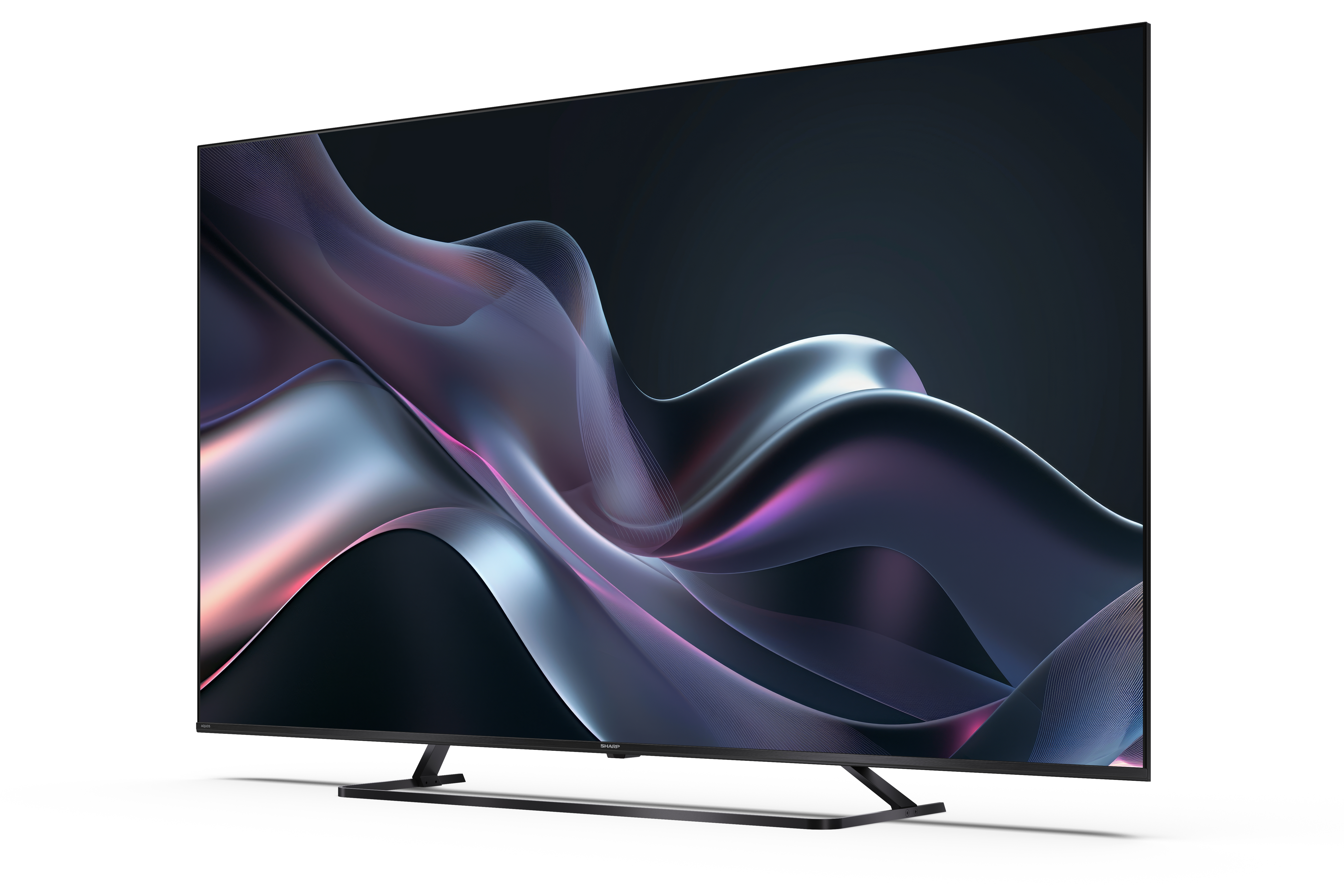 Egy nagy, modern TV lila, kék és rózsaszín árnyalataival jelenít meg egy folyó, absztrakt dizájnt sötét háttér előtt.