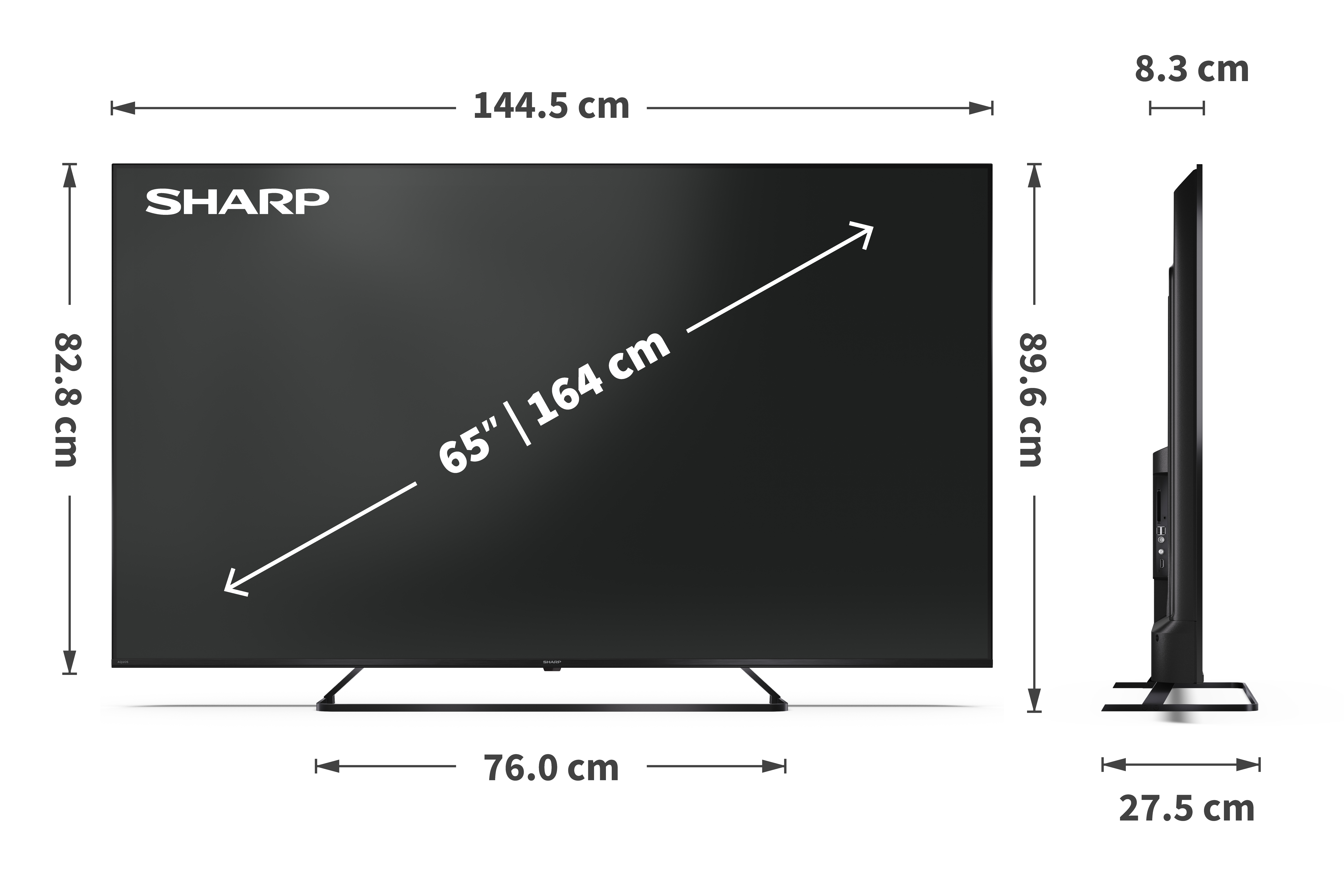 Egy Sharp 65 hüvelykes TV feliratozott méretekkel. Fekete képernyő, állvány és méretek: 144,5cm, 89,6cm, 82,8cm, 76,0cm és 27,5cm.