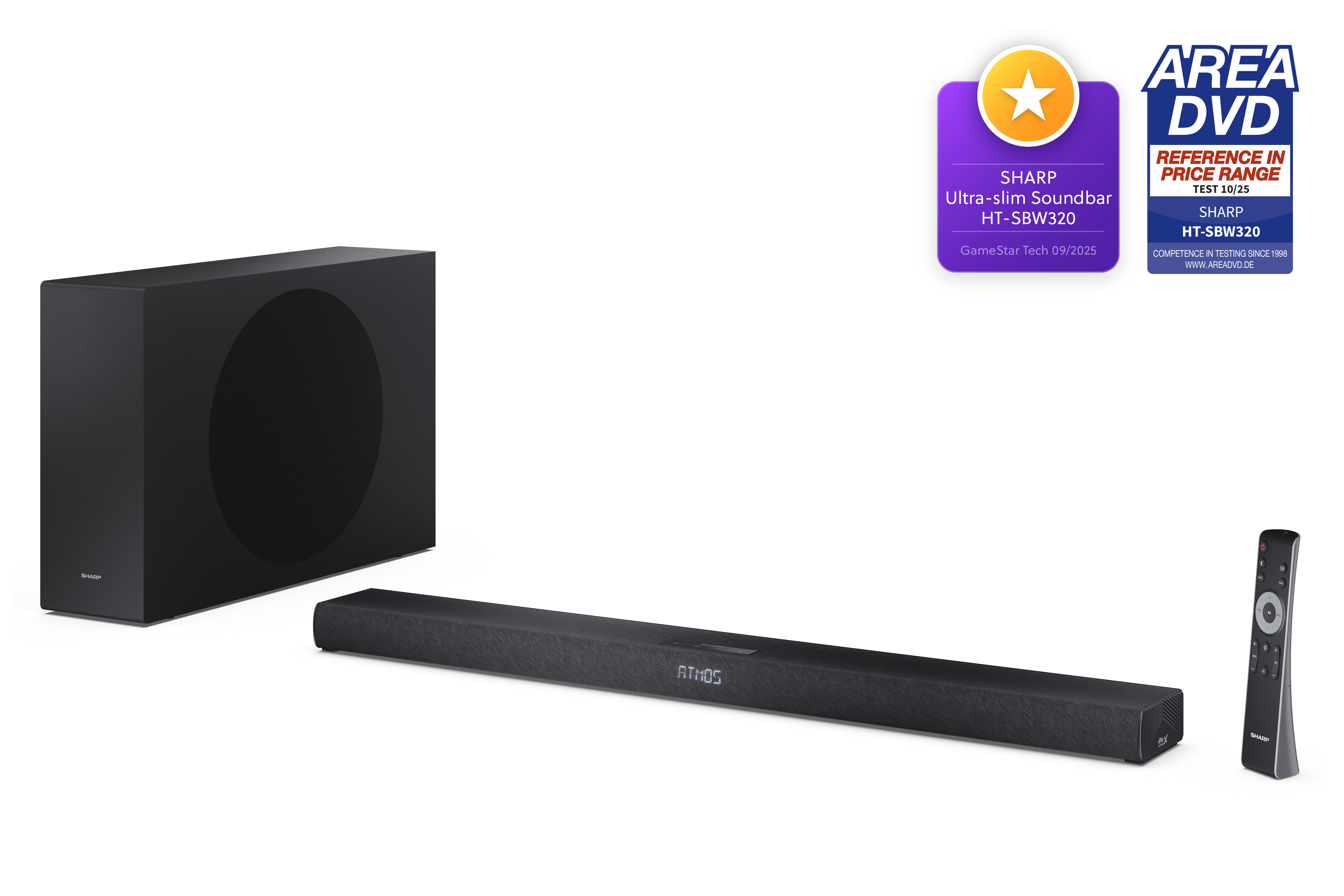 Fekete soundbar, mélynyomó és távirányító. Sharp, Atmos és Area DVD logók. Teszteredmények láthatók.