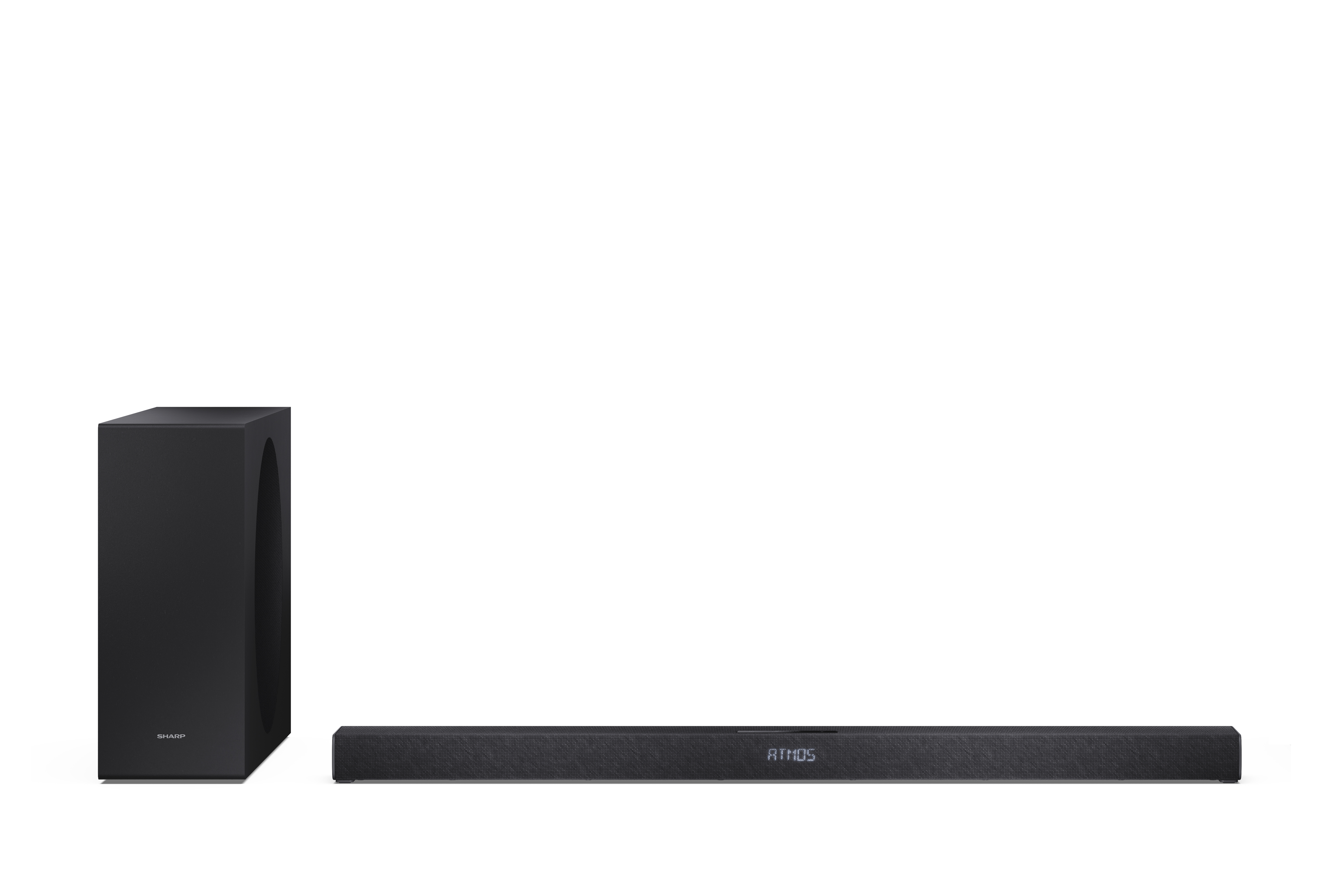 Fekete soundbar és mélynyomó készlet fehér háttérrel. A soundbar-on Atmos felirat látható.