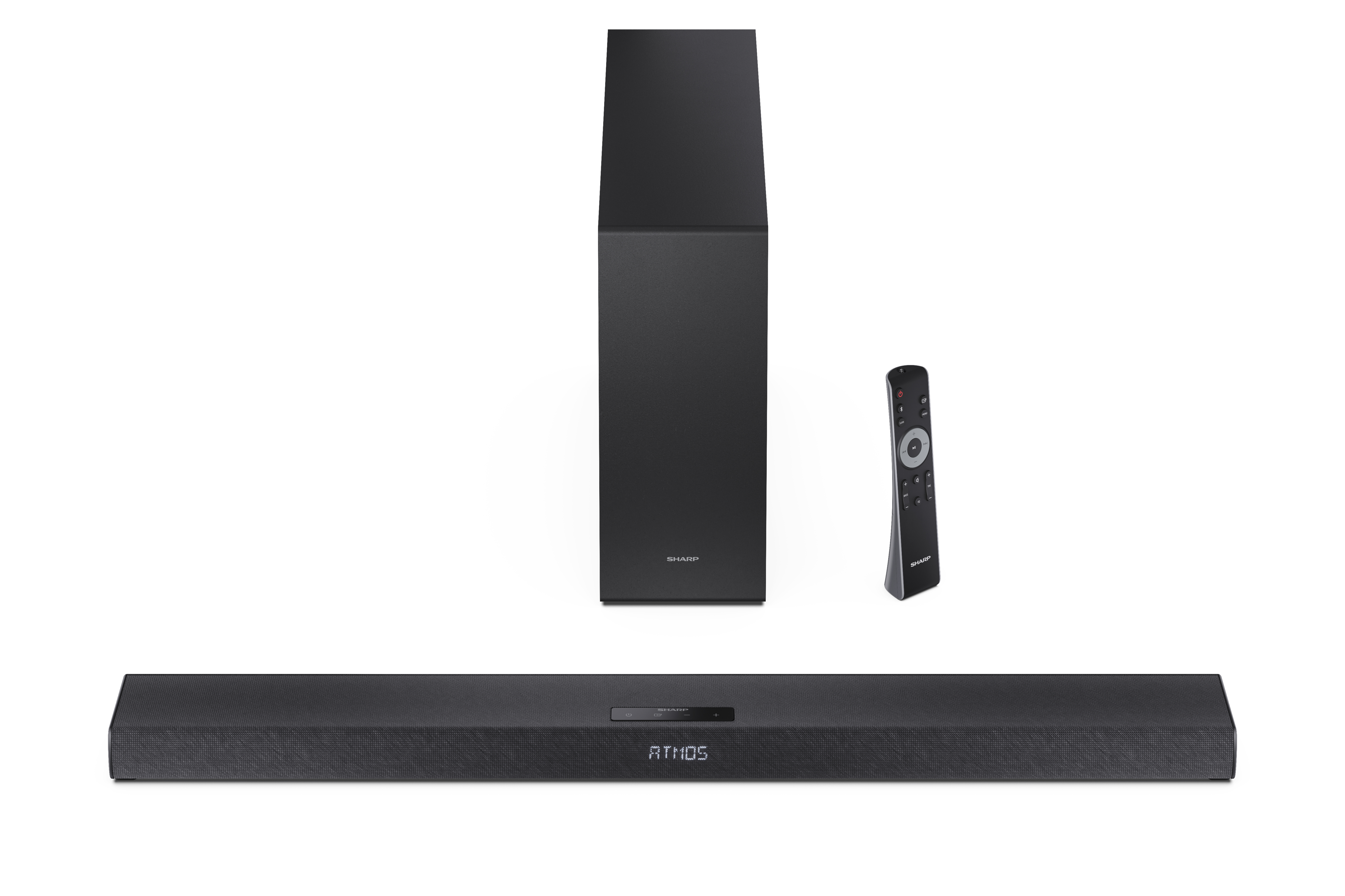 Fekete soundbar, mélynyomó és távirányító. A soundbar felirata: 'ATMOS'. A mélynyomón és a távirányítón: 'SHARP'.