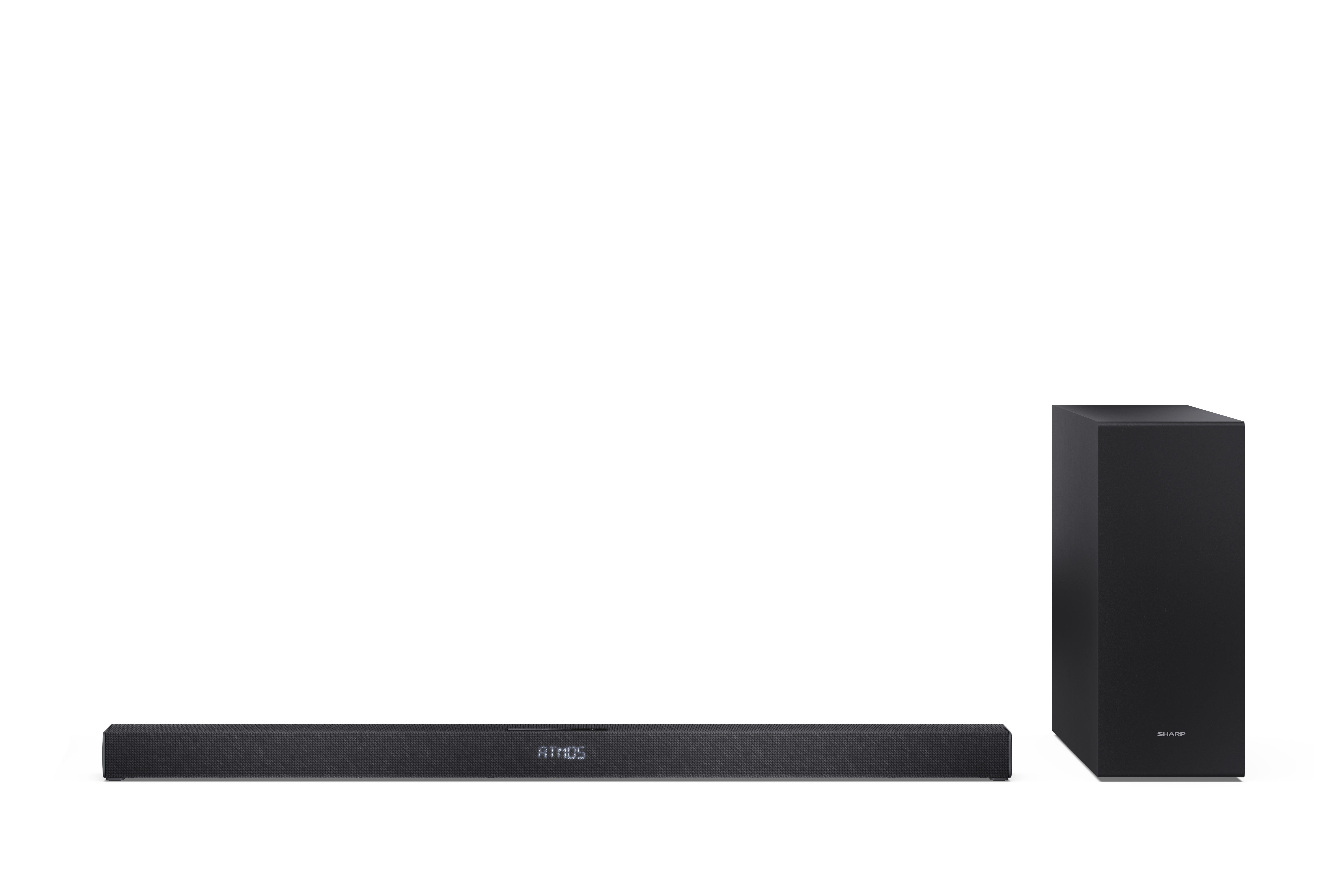 Fekete soundbar ATMOS felirattal és mélynyomóval fehér háttérben. A márka a Sharp.