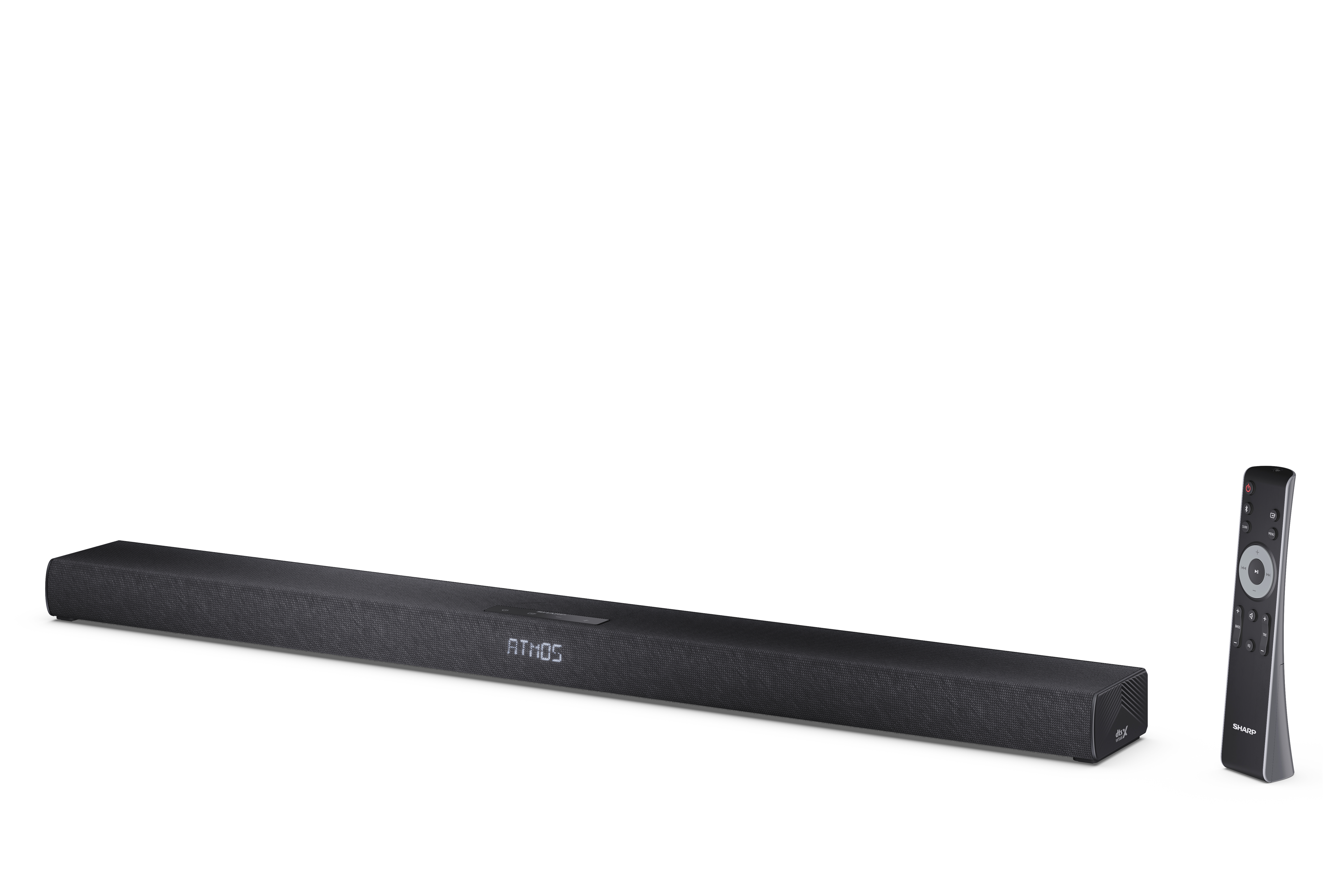 Egy fekete soundbar "ATMOS" szóval és egy távirányító fehér háttérrel.