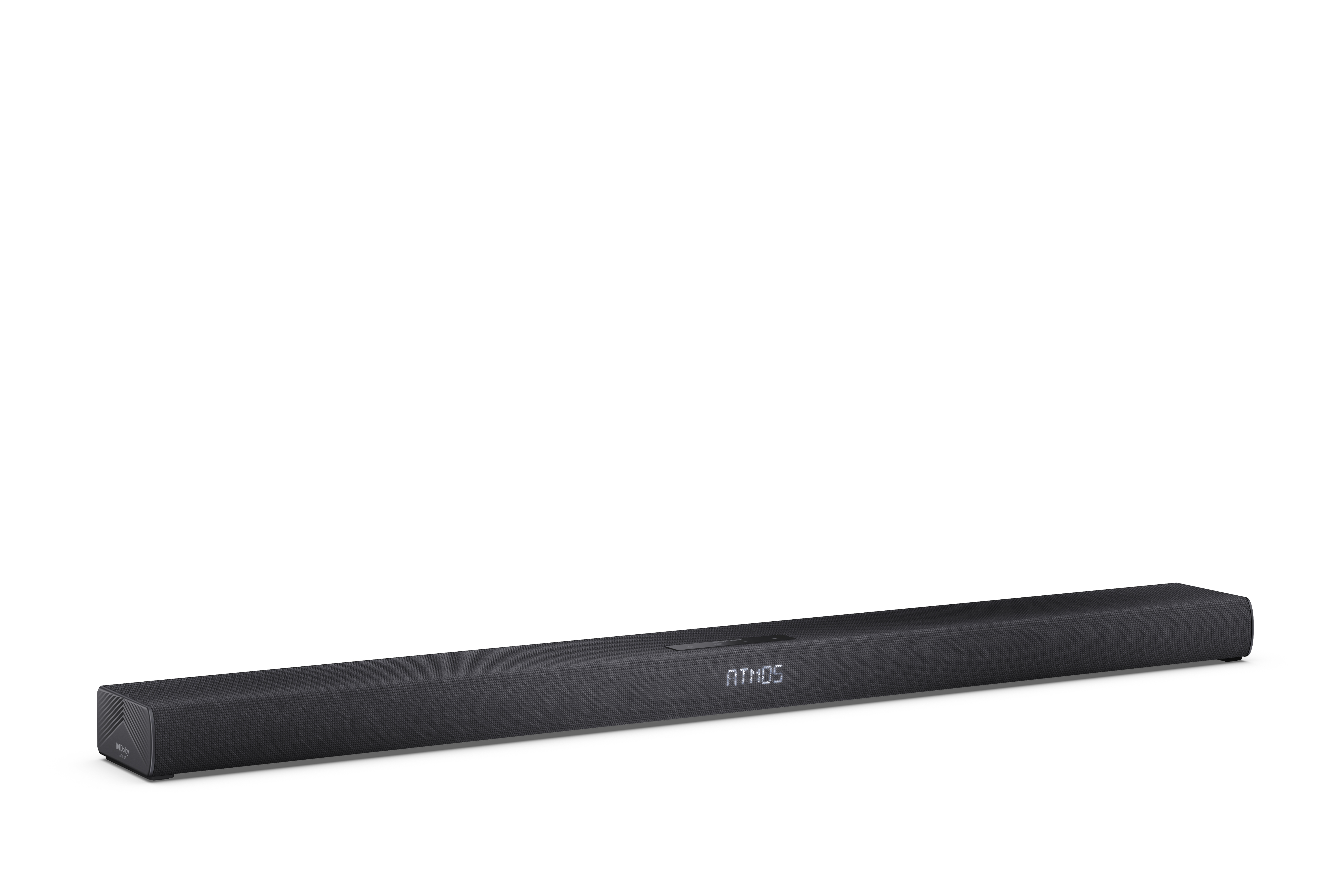 Egy fekete soundbar, rajta az 'ATMOS' felirattal. Fehér háttéren van.