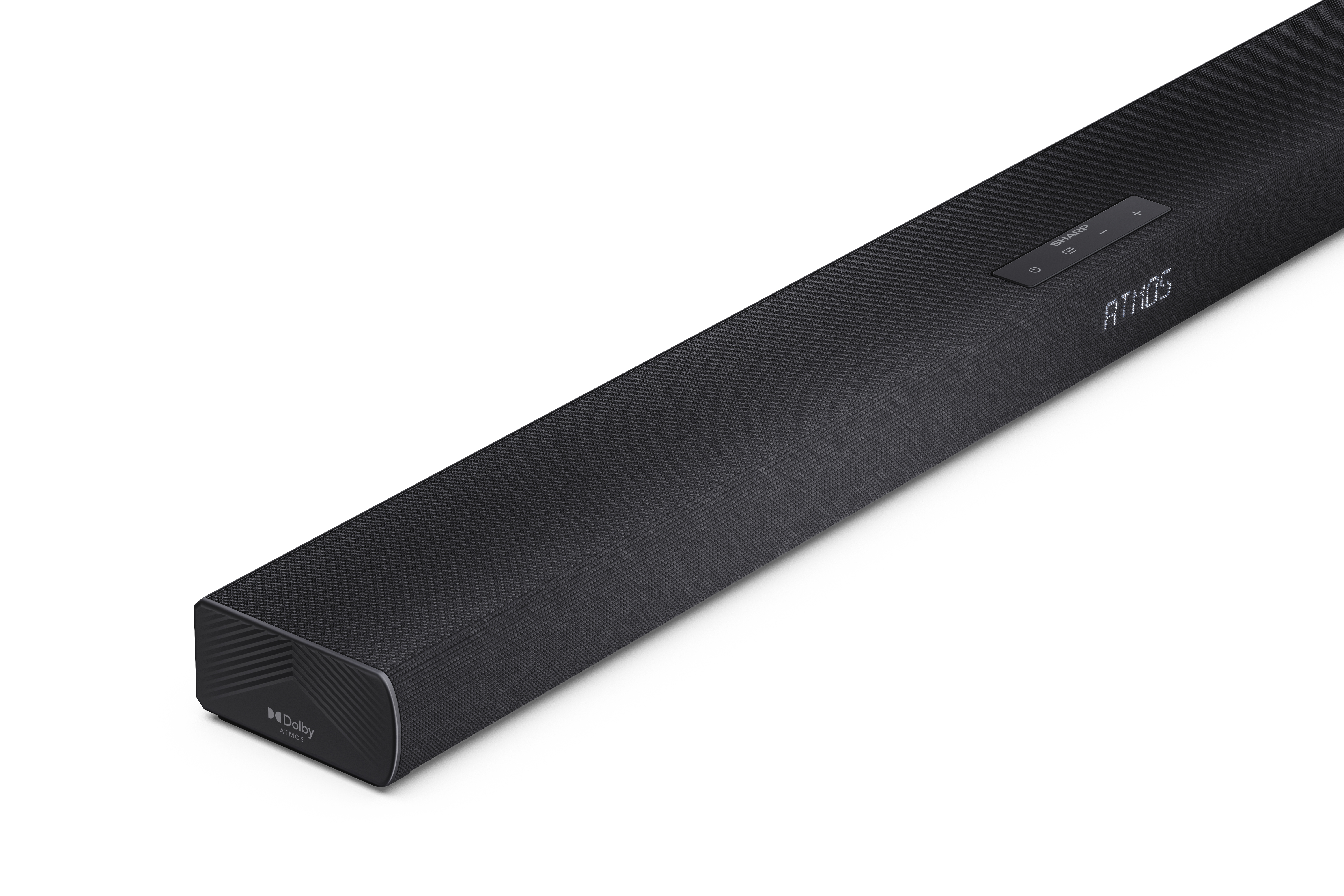 Fekete soundbar fehér felületen. Dolby Atmos logóval, Sharp márkajelzéssel és vezérlőgombokkal rendelkezik.