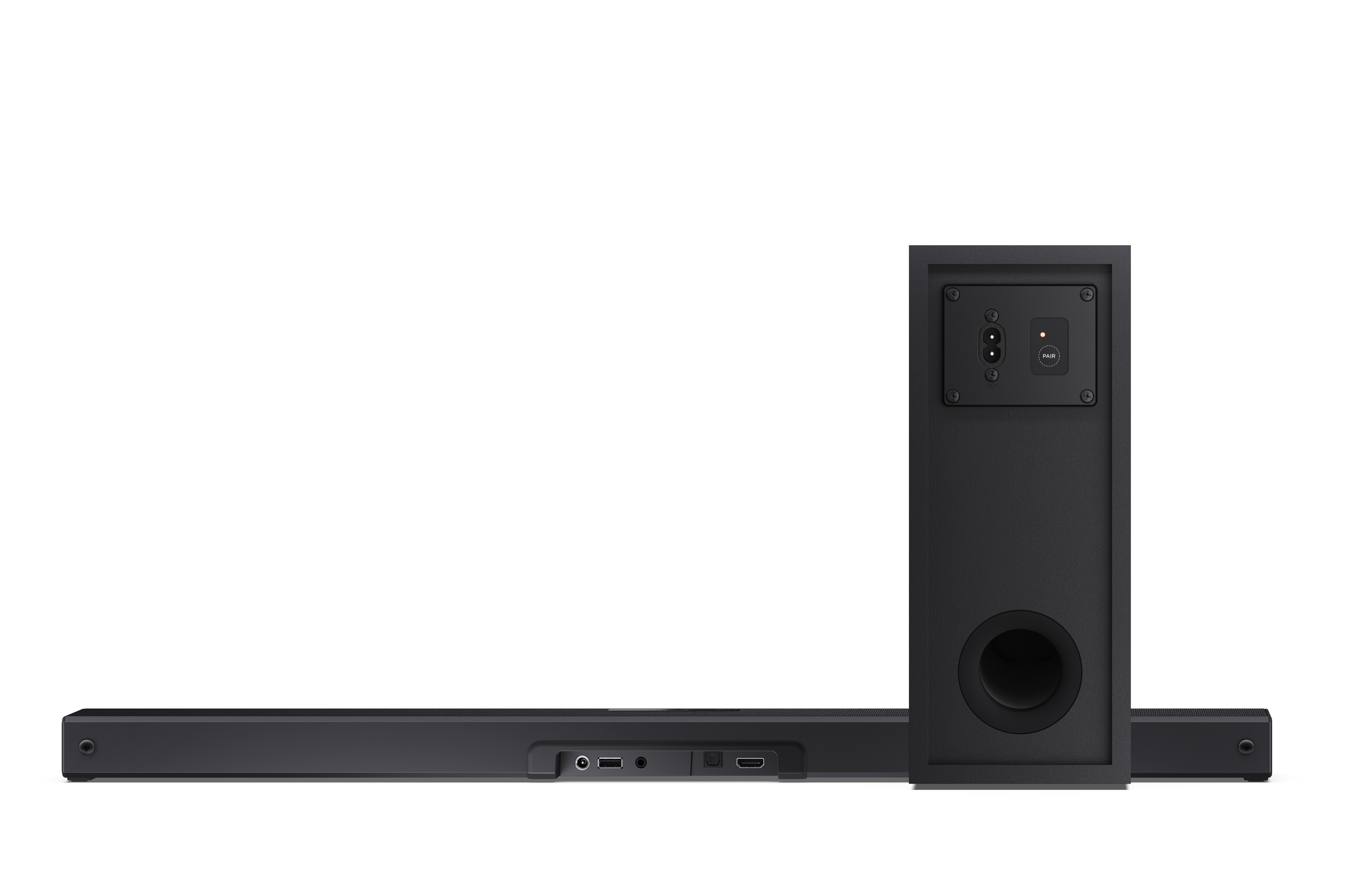 Fekete soundbar és mélynyomó készlet. A mélynyomó függőleges, nagy hangszóróval.