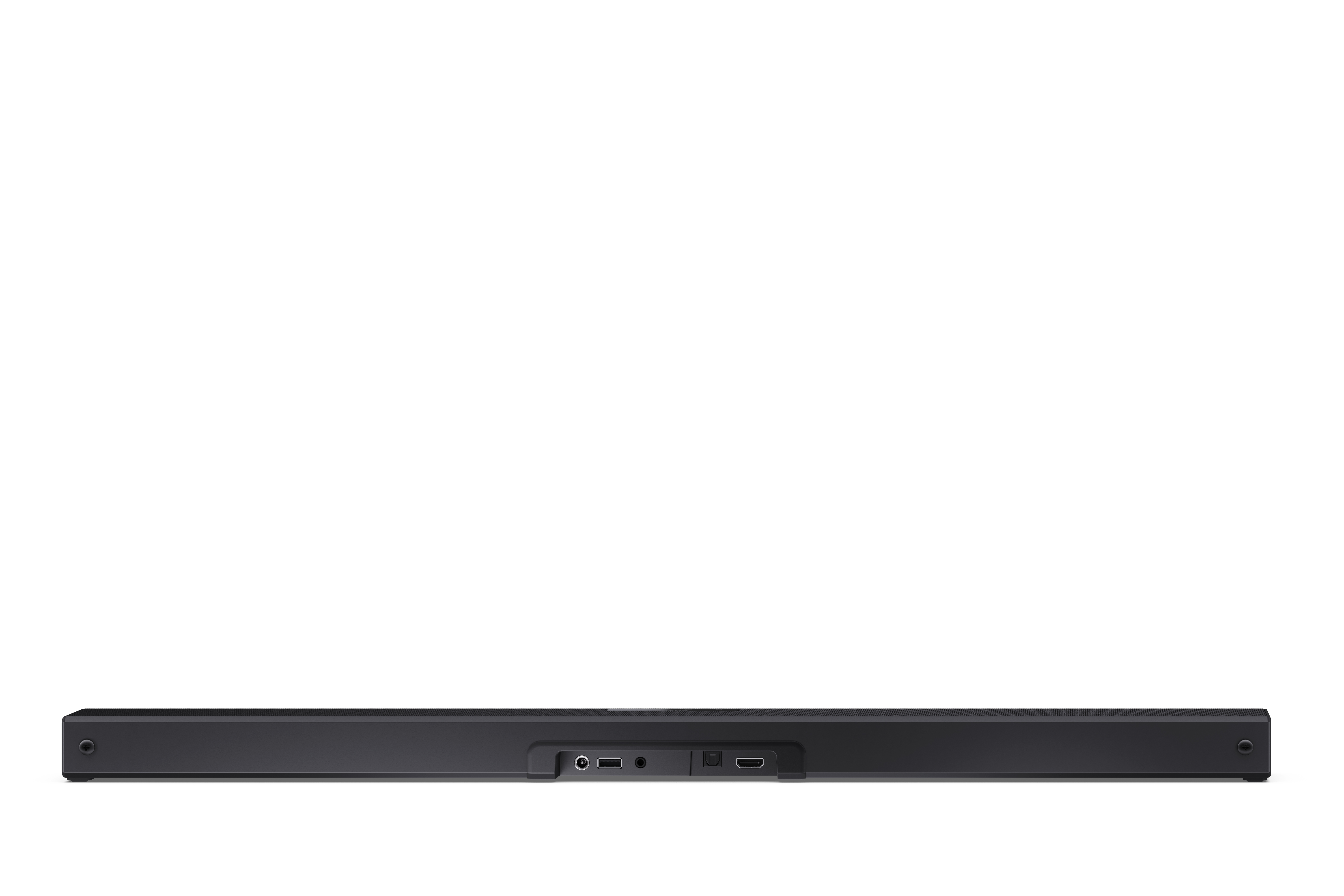 Fekete soundbar fehér háttér előtt. Különböző portokkal rendelkezik. Az alakja téglalap alakú.