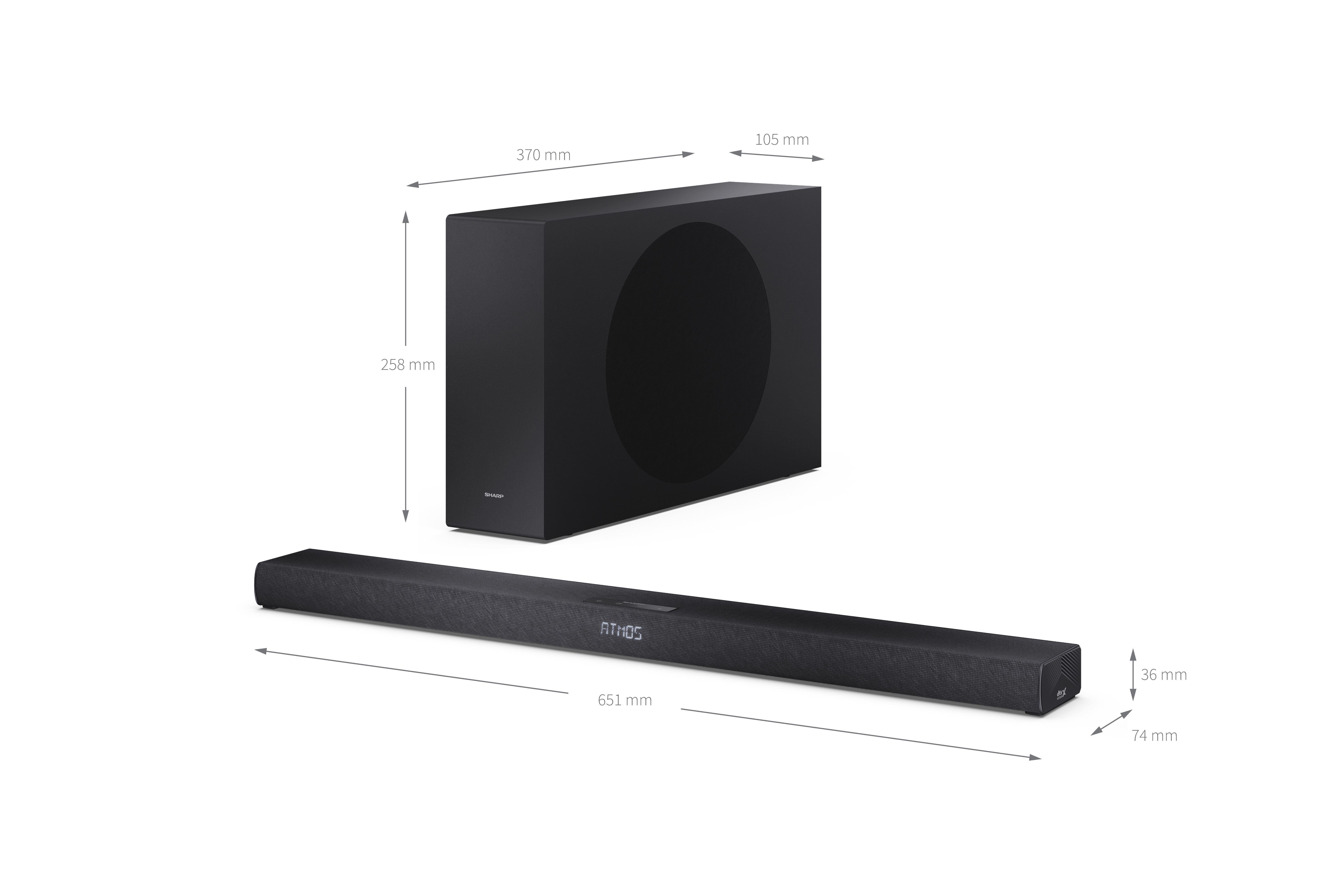 Egy fekete soundbar és mélynyomó készlet. A méretek fel vannak tüntetve. A soundbar felirata: 'ATMOS'.