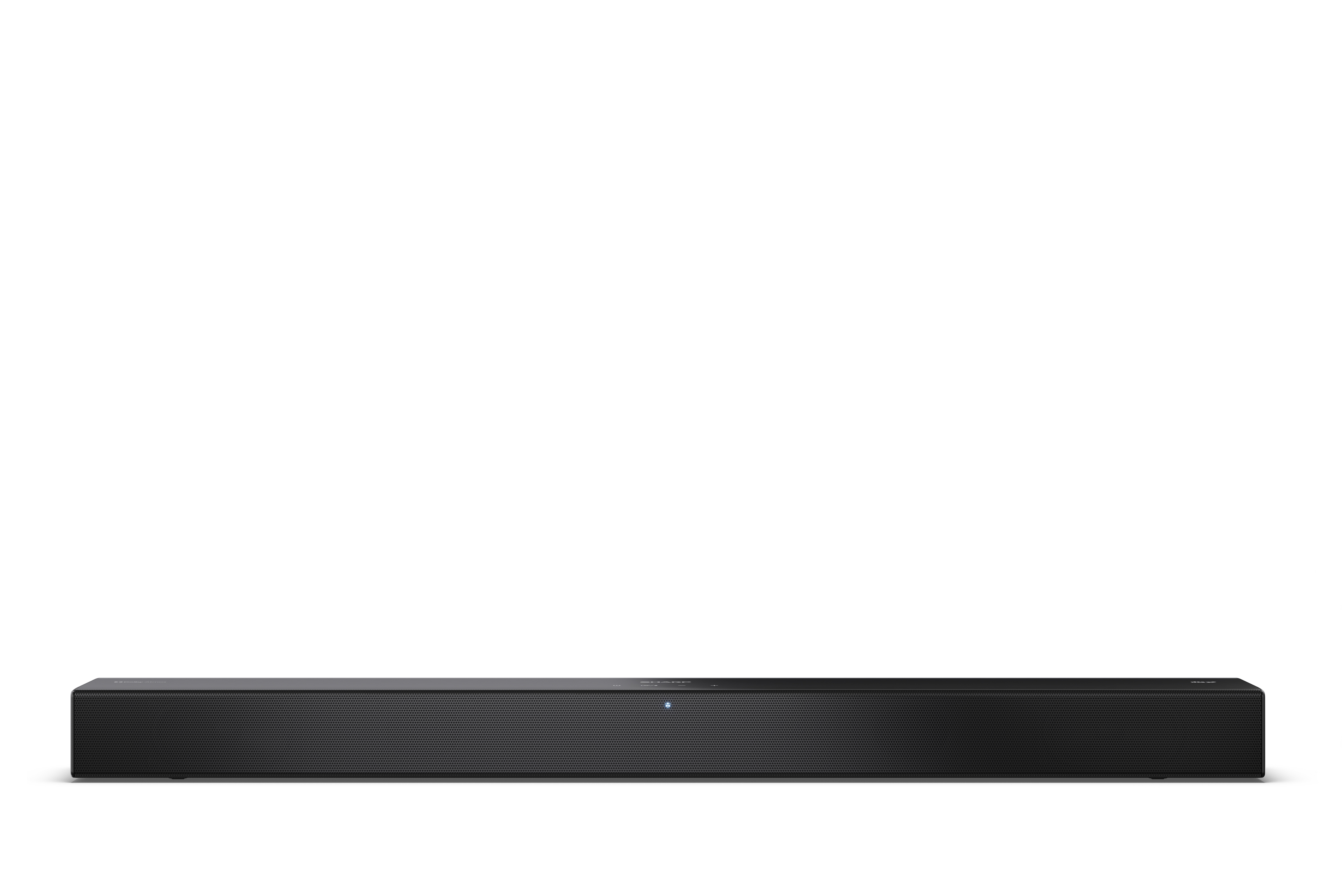 Egy fekete soundbar a kép alján, fehér háttér előtt. Hálós előlapja van, és egy kis kék fénye.