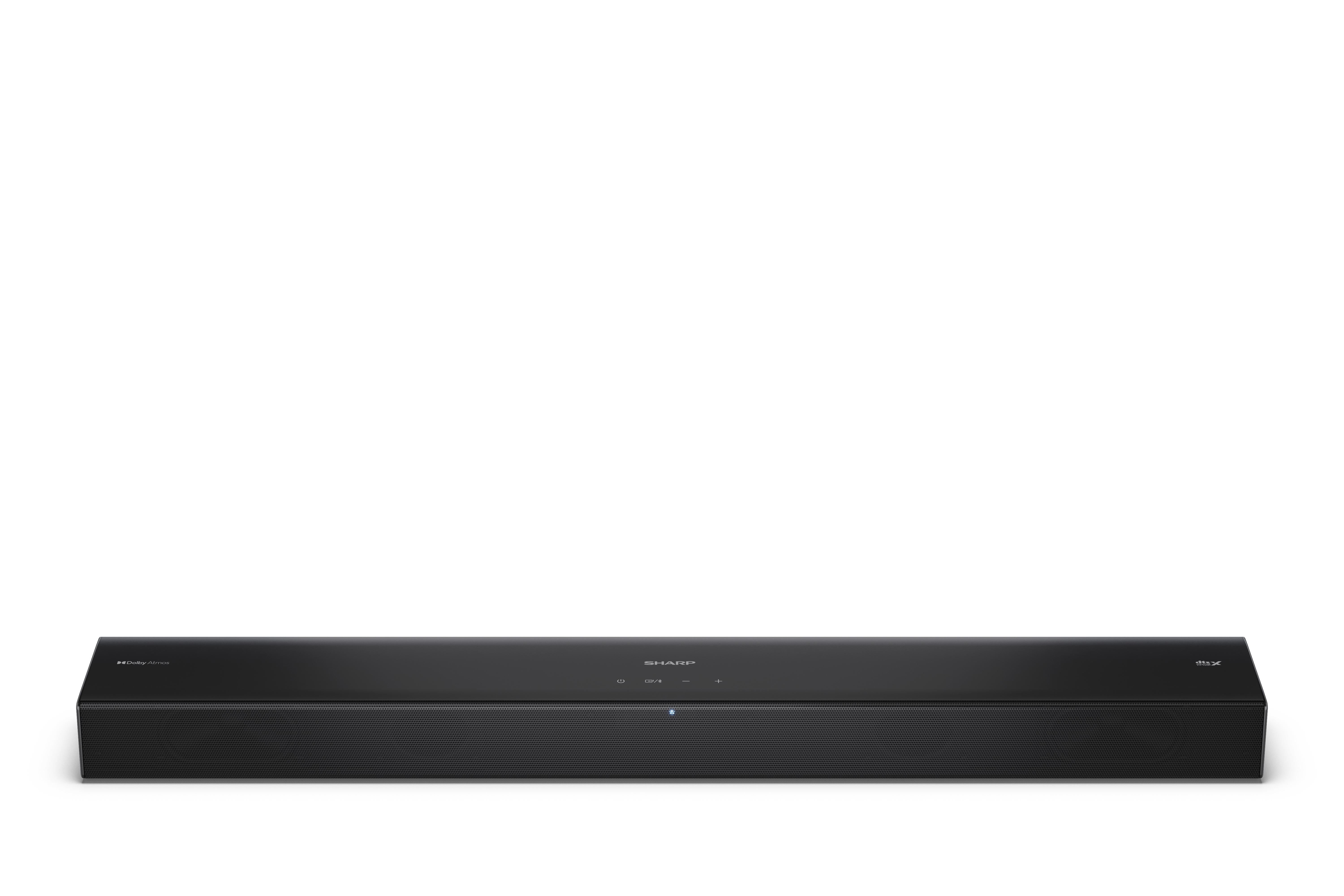 Fekete soundbar fehér háttérrel. Sharp logóval és Dolby Atmos márkajelzéssel.