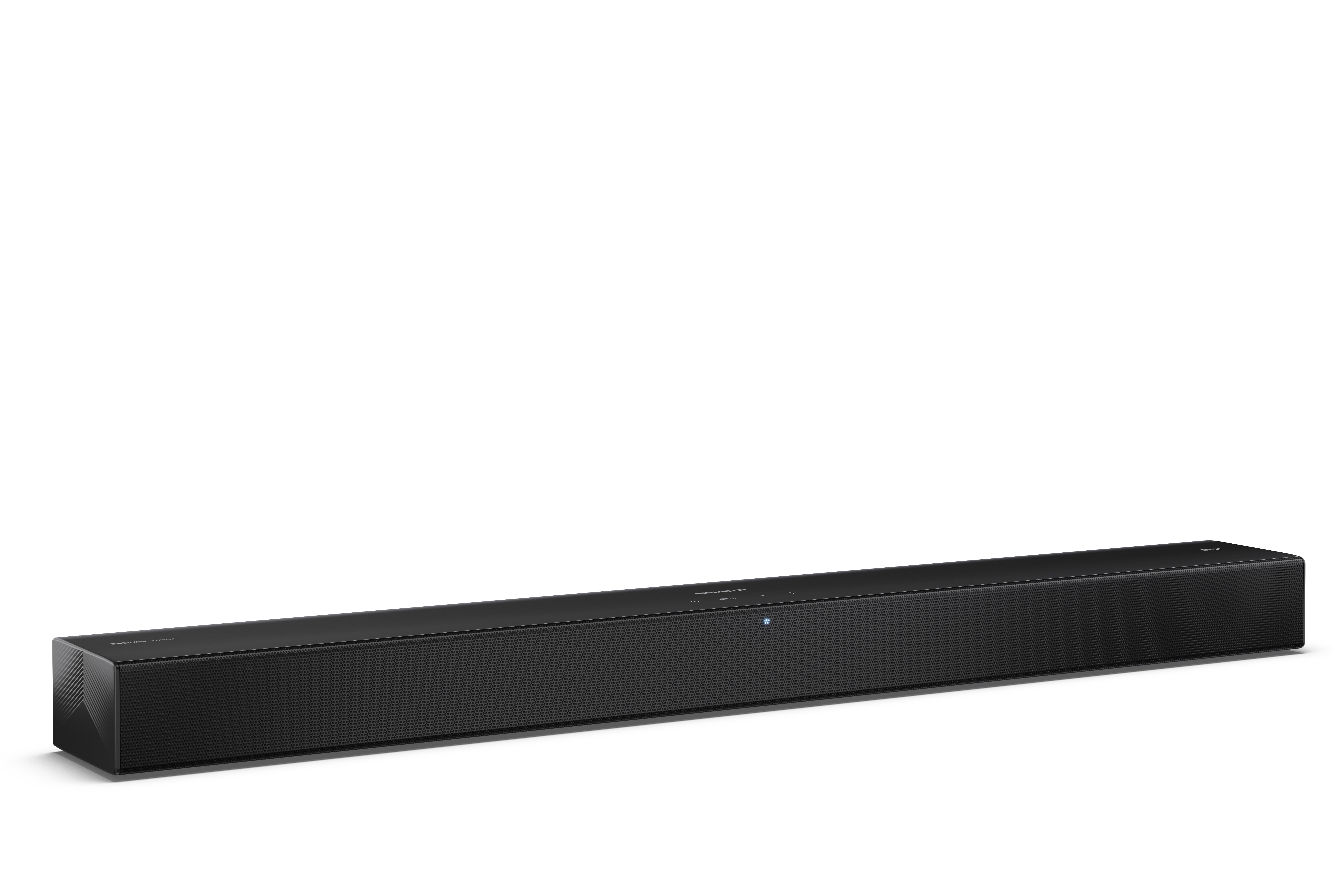 Fekete soundbar fehér háttérrel. Hálós előlapja és néhány gombja van a tetején.