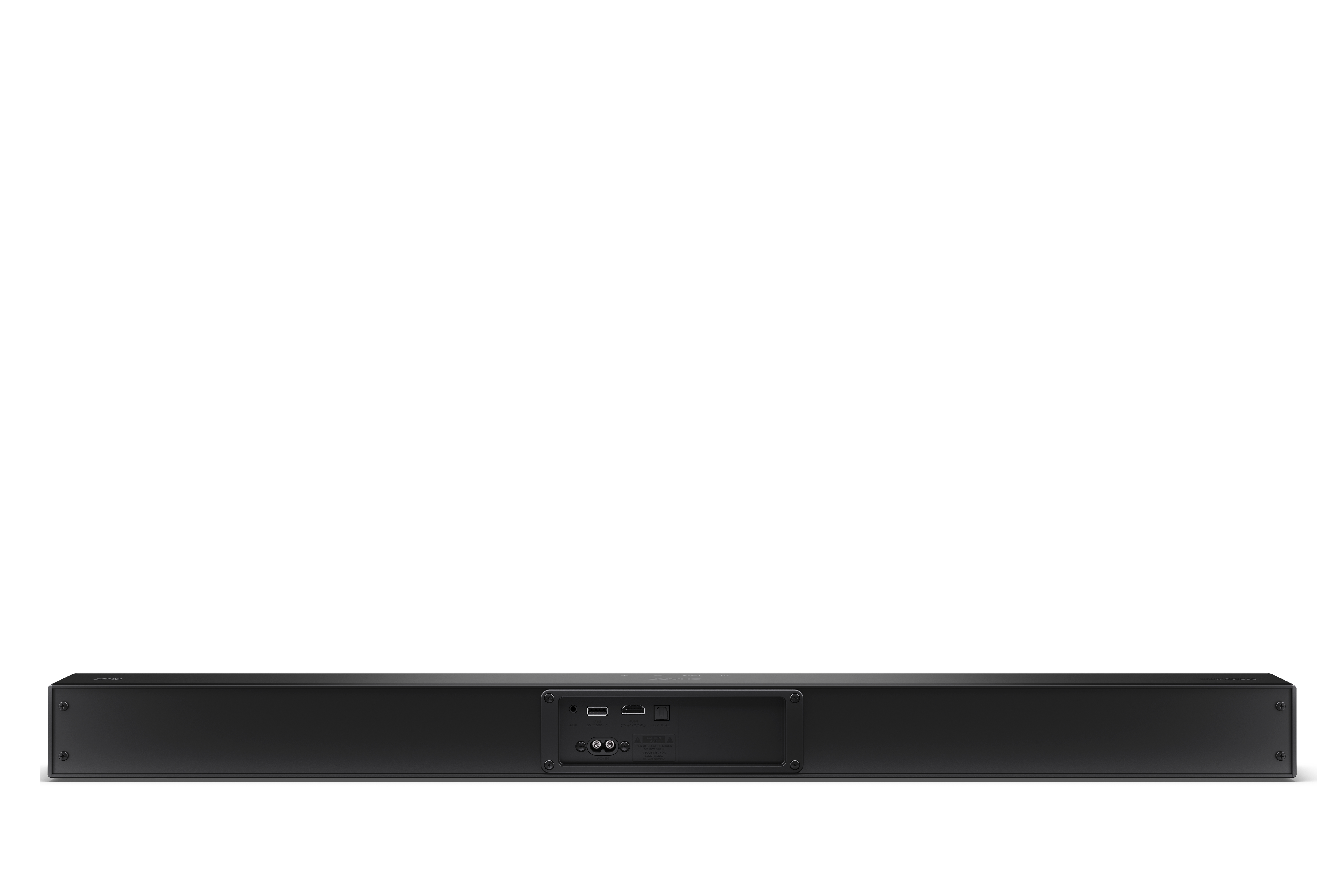 Fekete soundbar fehér háttérrel. Különböző bemeneti portokkal és letisztult dizájnnal rendelkezik. A márkanév látható.