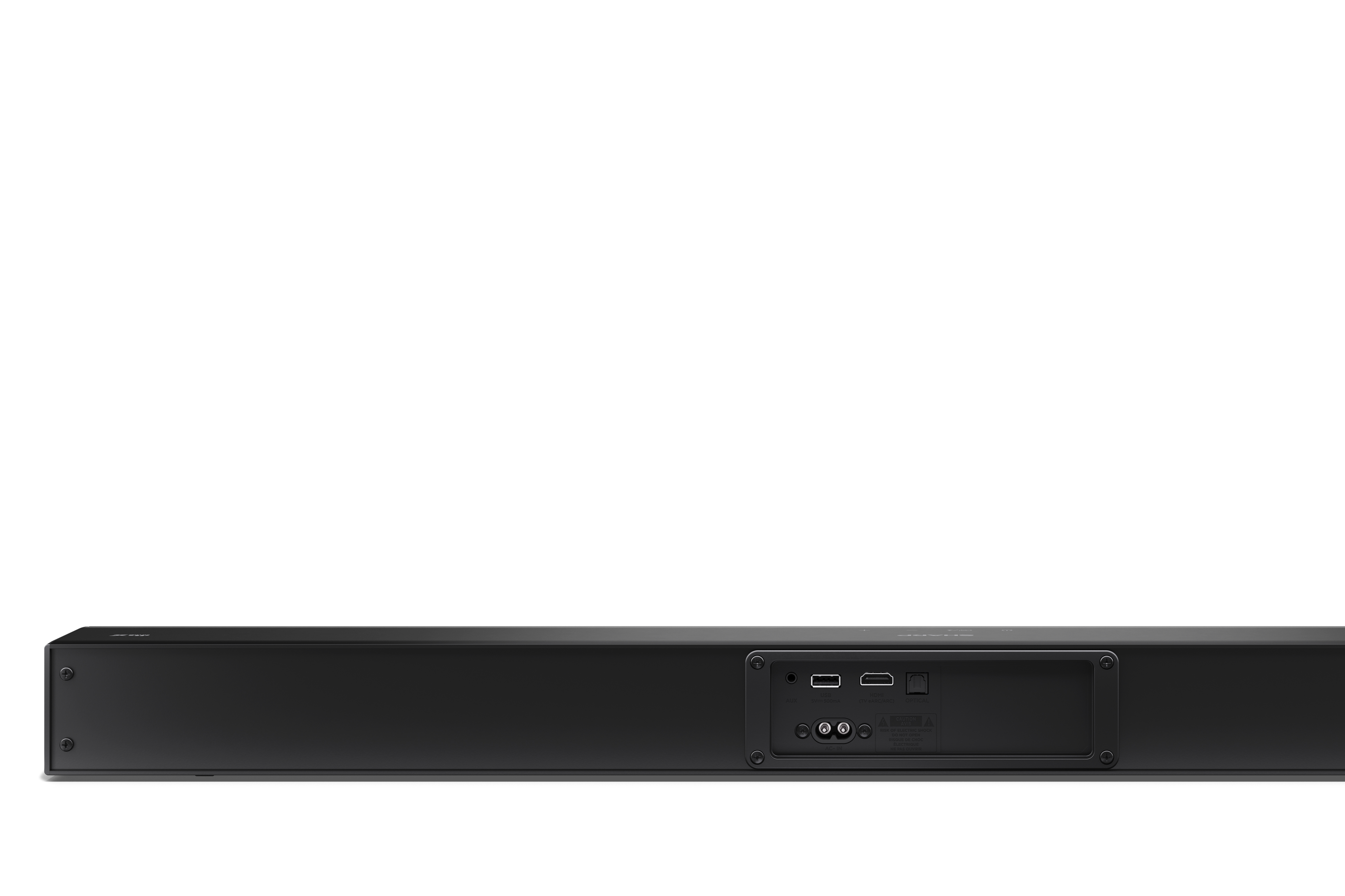 Egy fekete soundbar hátulja látható, különböző portokkal és csatlakozókkal, fehér háttér előtt.