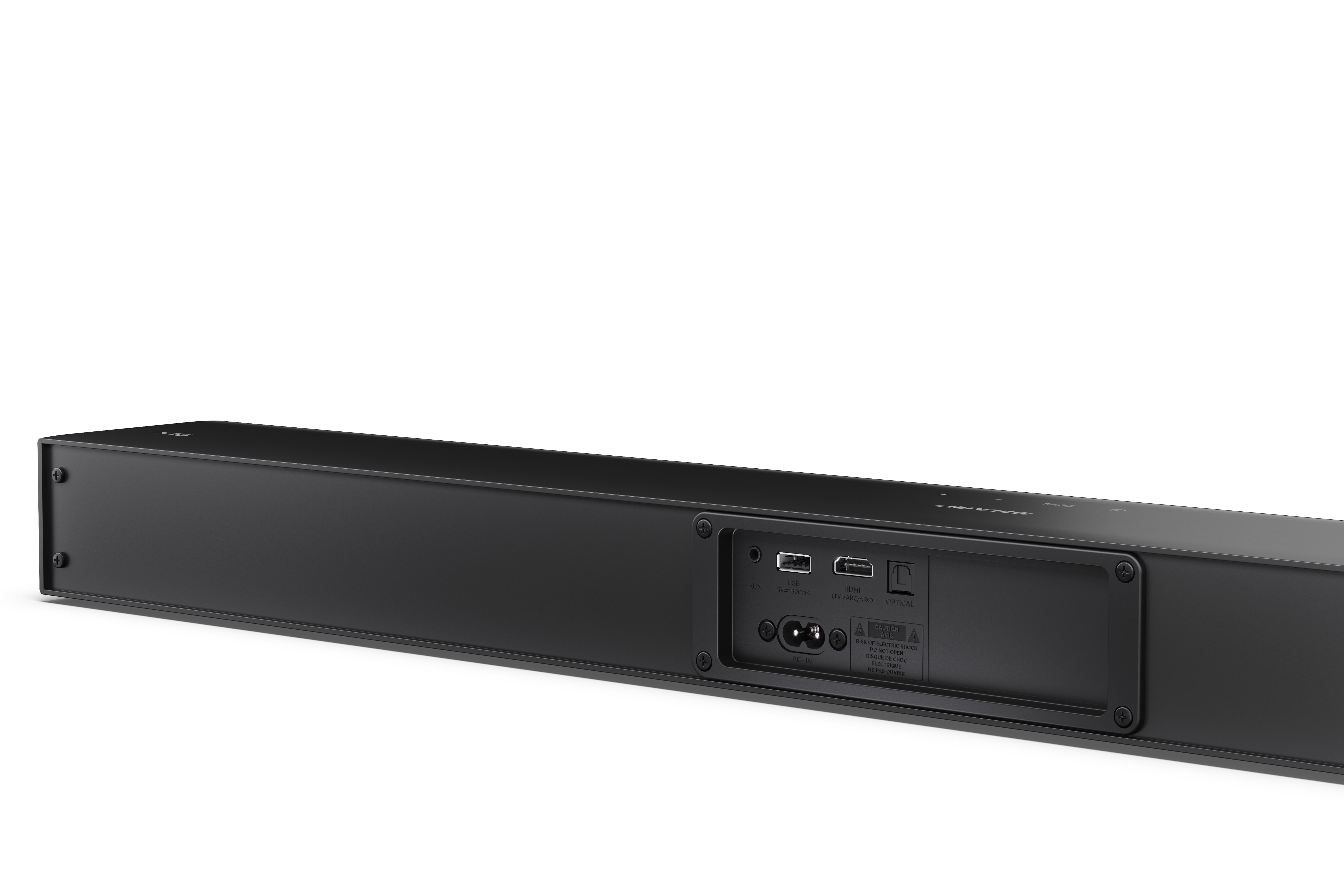 Fekete soundbar fehér háttérrel. USB, HDMI és optikai csatlakozói vannak.