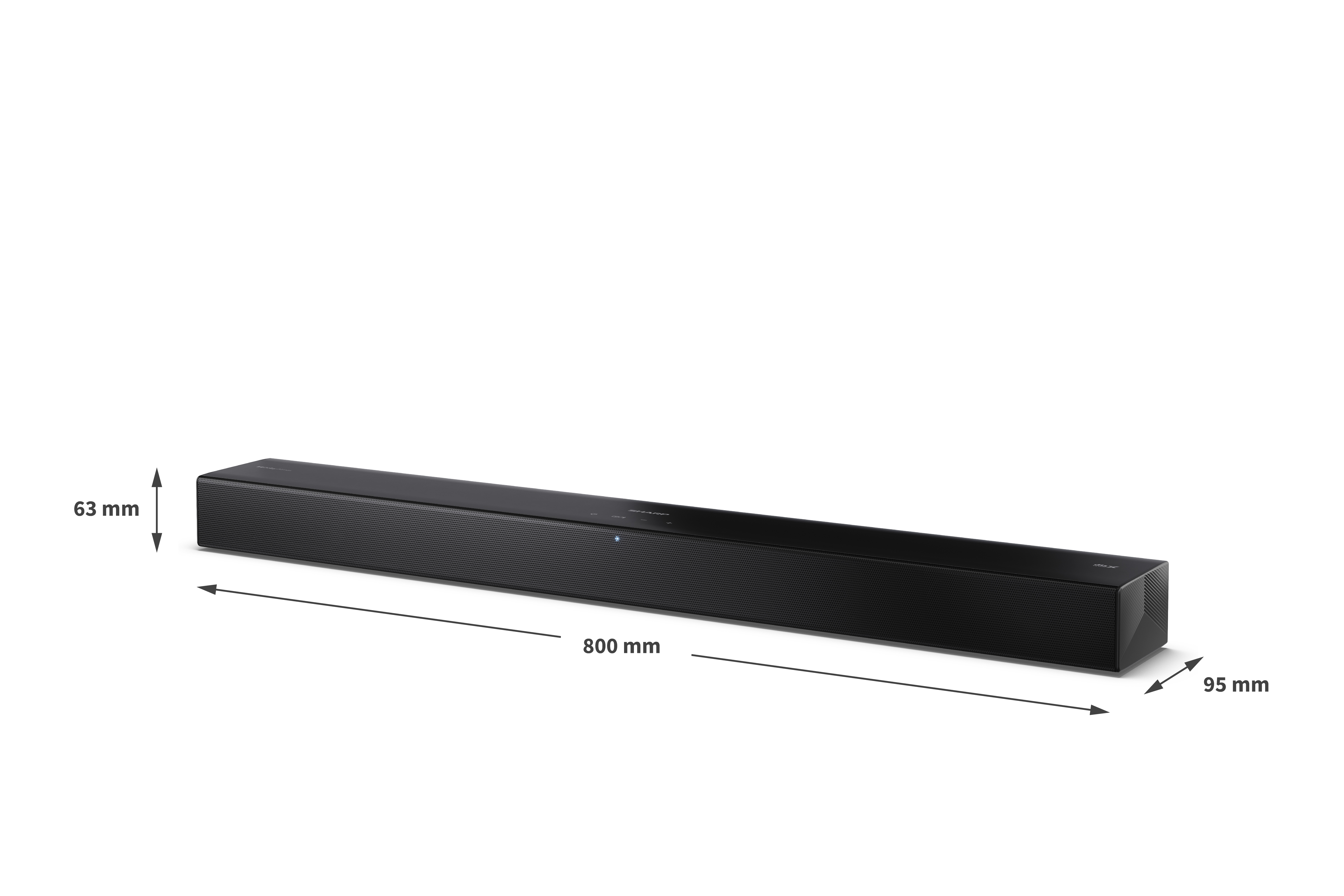 Egy fekete soundbar, 800 mm hosszú, 63 mm magas és 95 mm széles, a méretekkel megadva. Fehér háttér előtt.