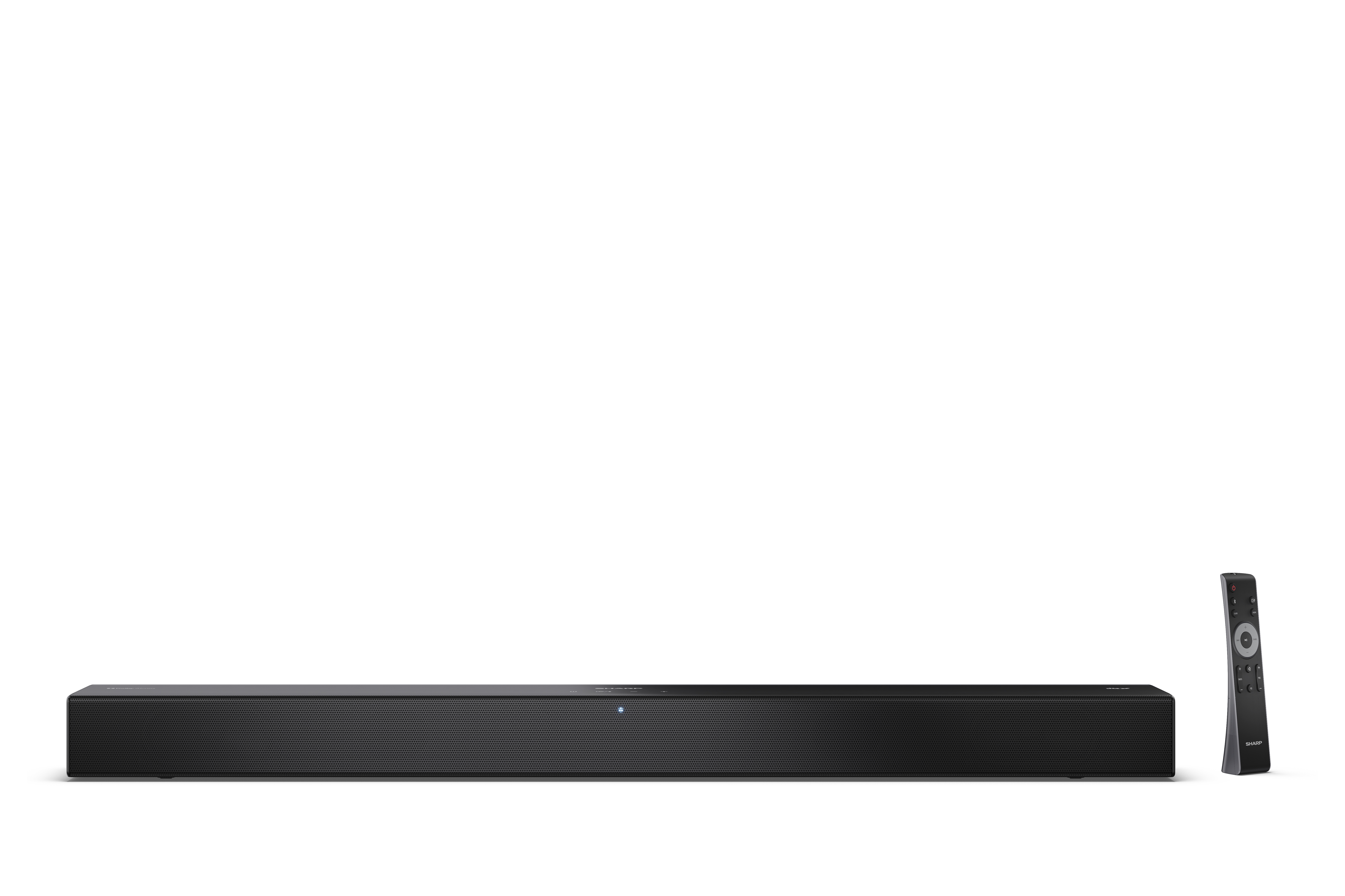 Fekete soundbar és távirányító fehér háttéren. A soundbar hosszú és téglalap alakú. A távirányító elegáns.