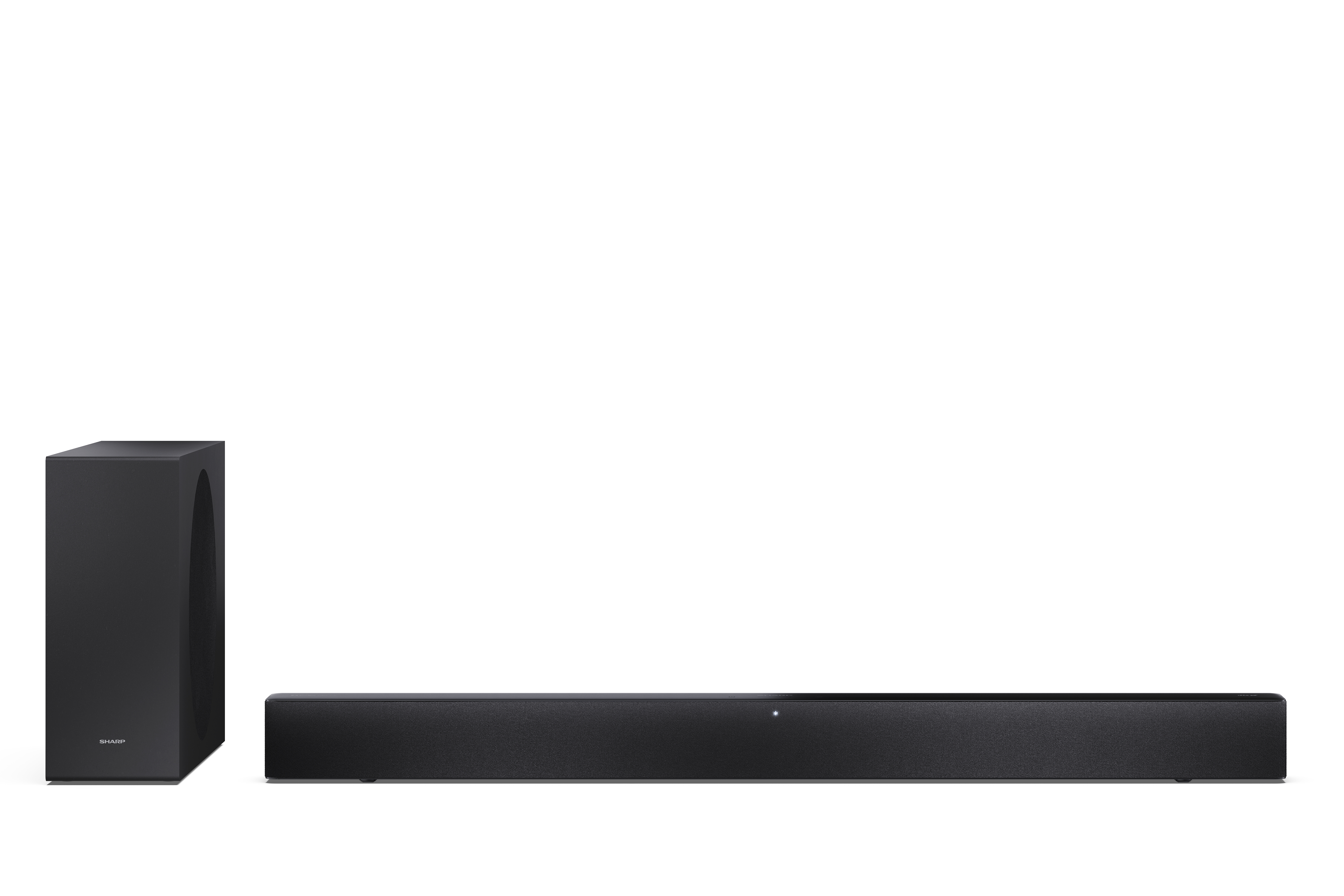 Fekete soundbar és mélynyomó készlet fehér háttérrel. A soundbar hosszú, a mélynyomó egy magas doboz.