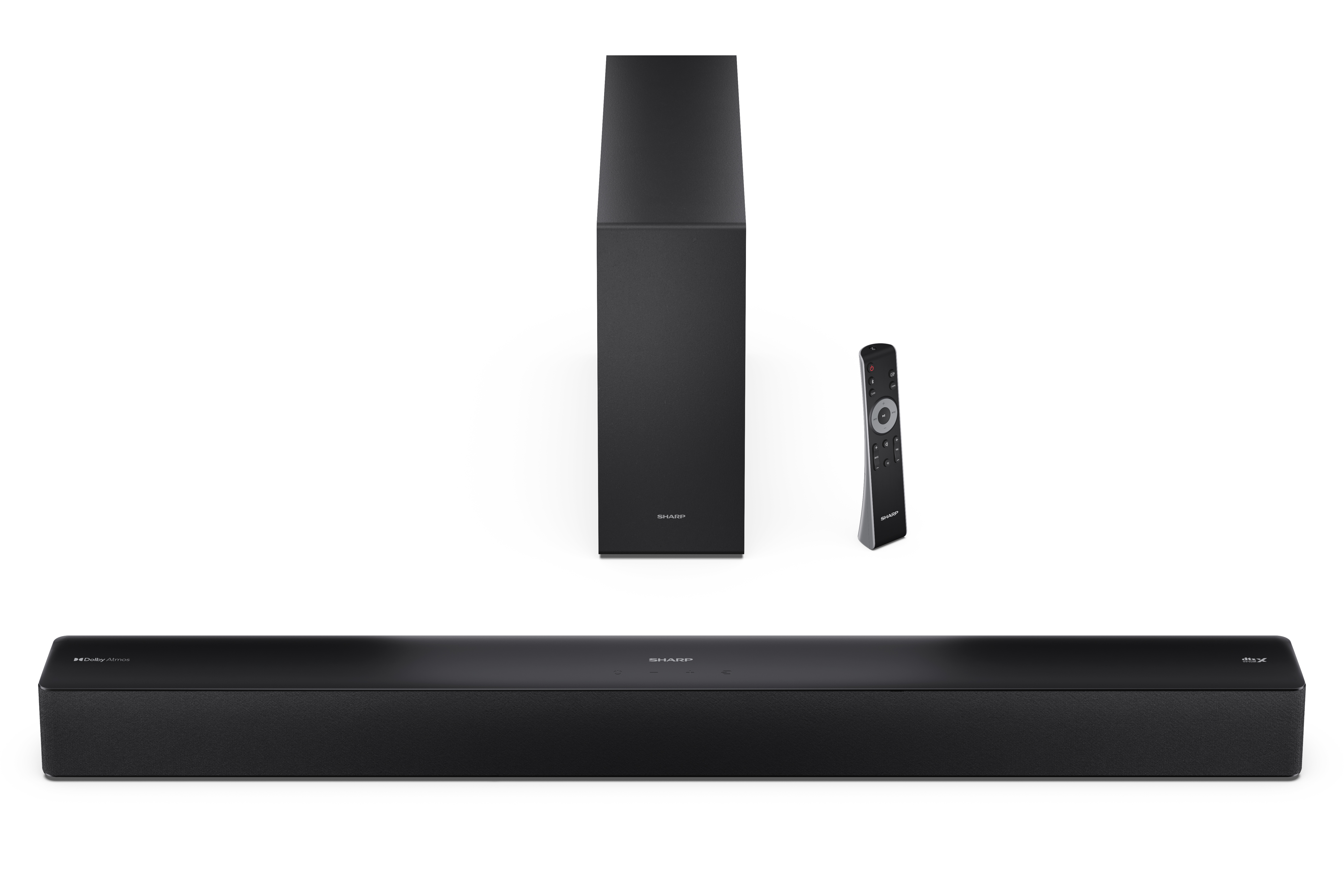 Fekete soundbar, mélynyomó és távirányító fehér háttéren. A soundbar alul van.